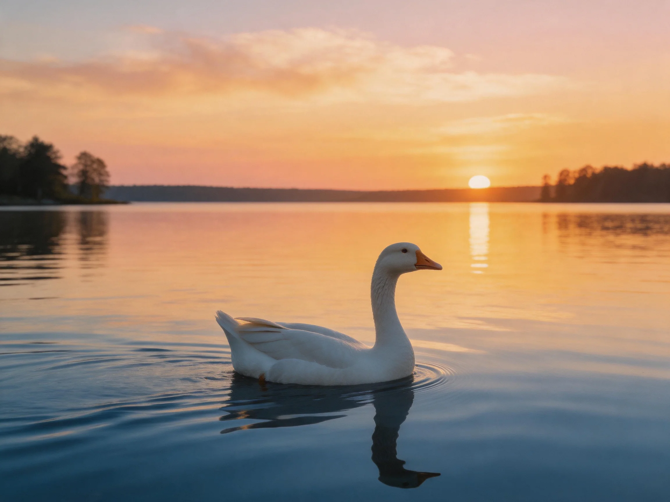 A white goose swims on a calm lake at sunset