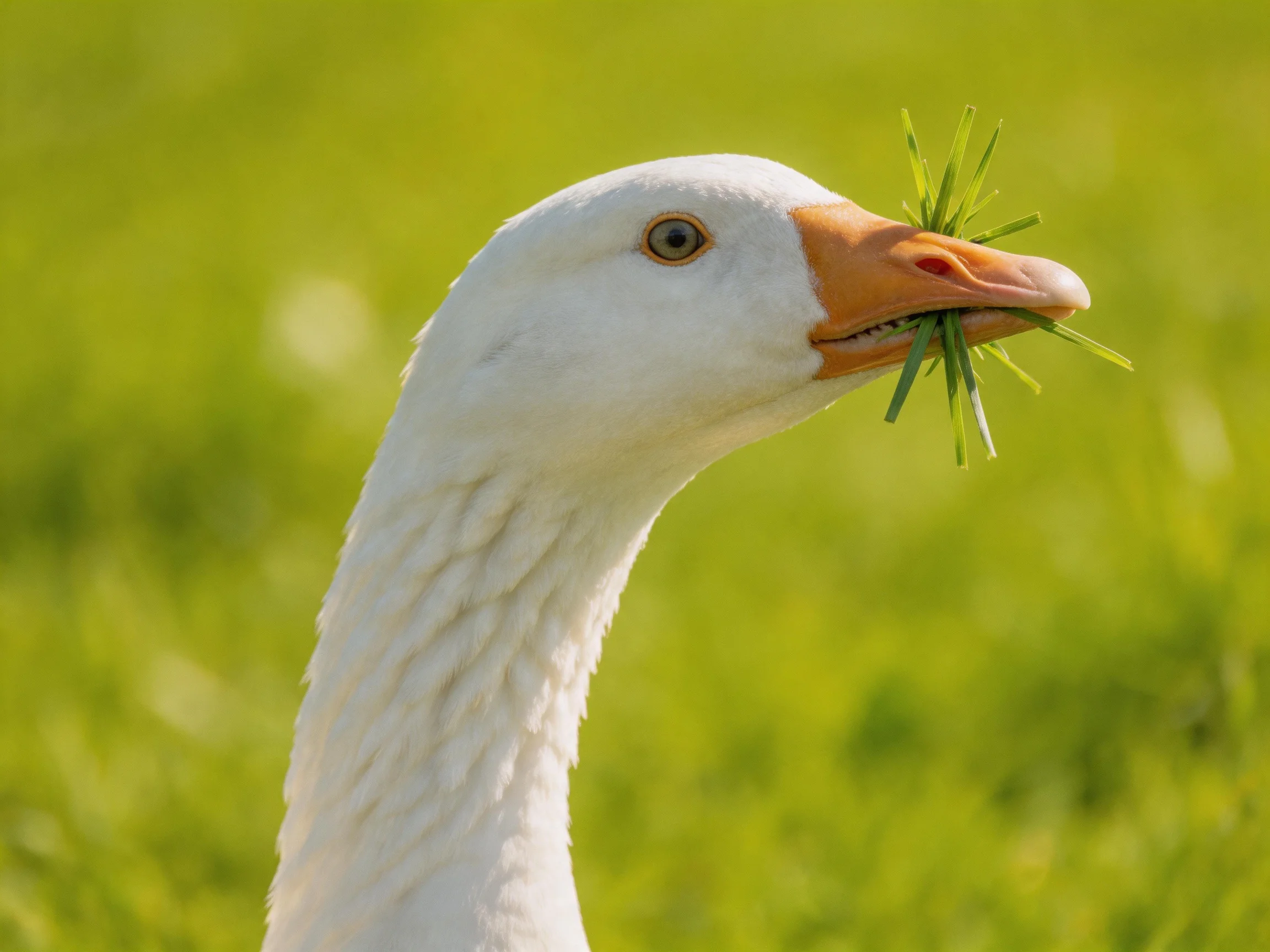 A white goose with an orange beak carrying green grass blades
