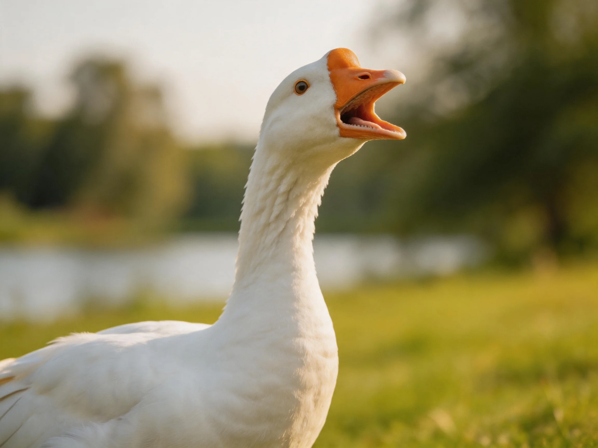 A white goose with an orange beak vocalizing on a grassy lakeside