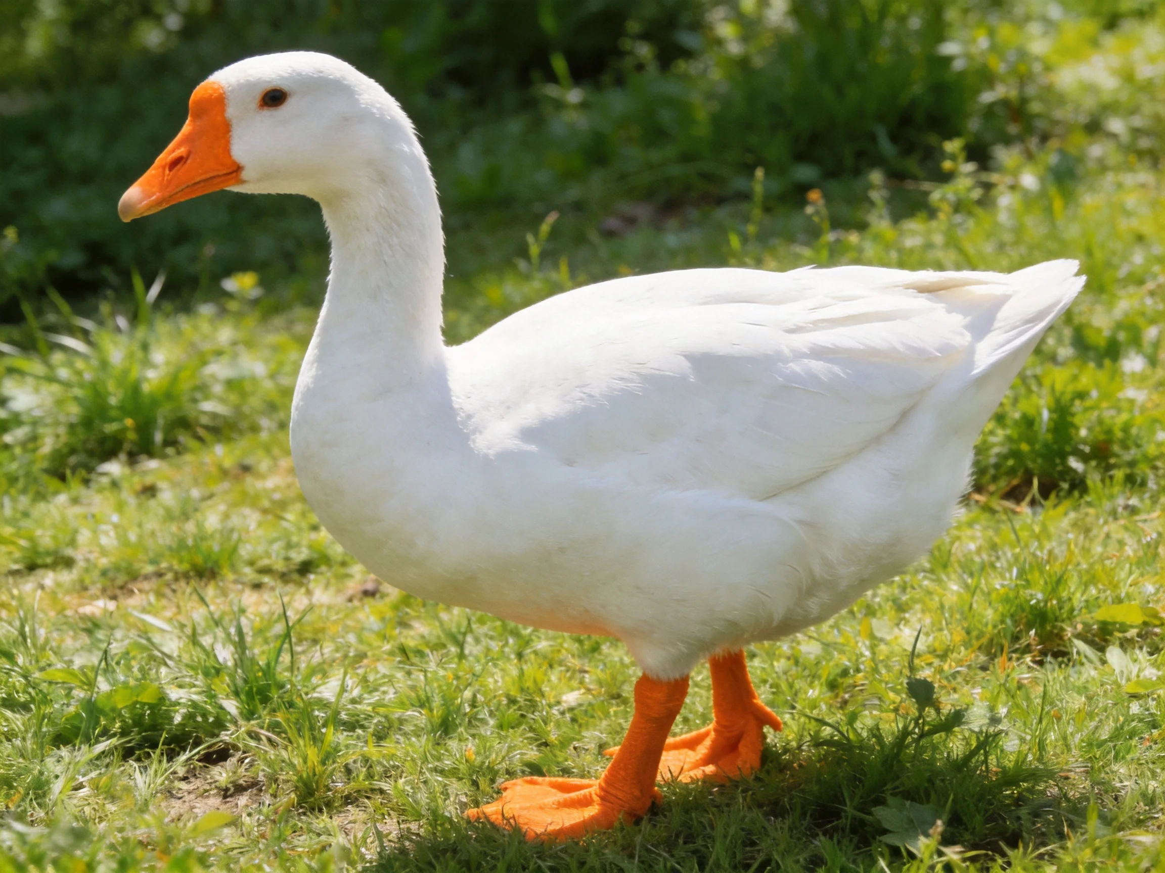 A white goose with bright orange beak and feet walking on lush green grass