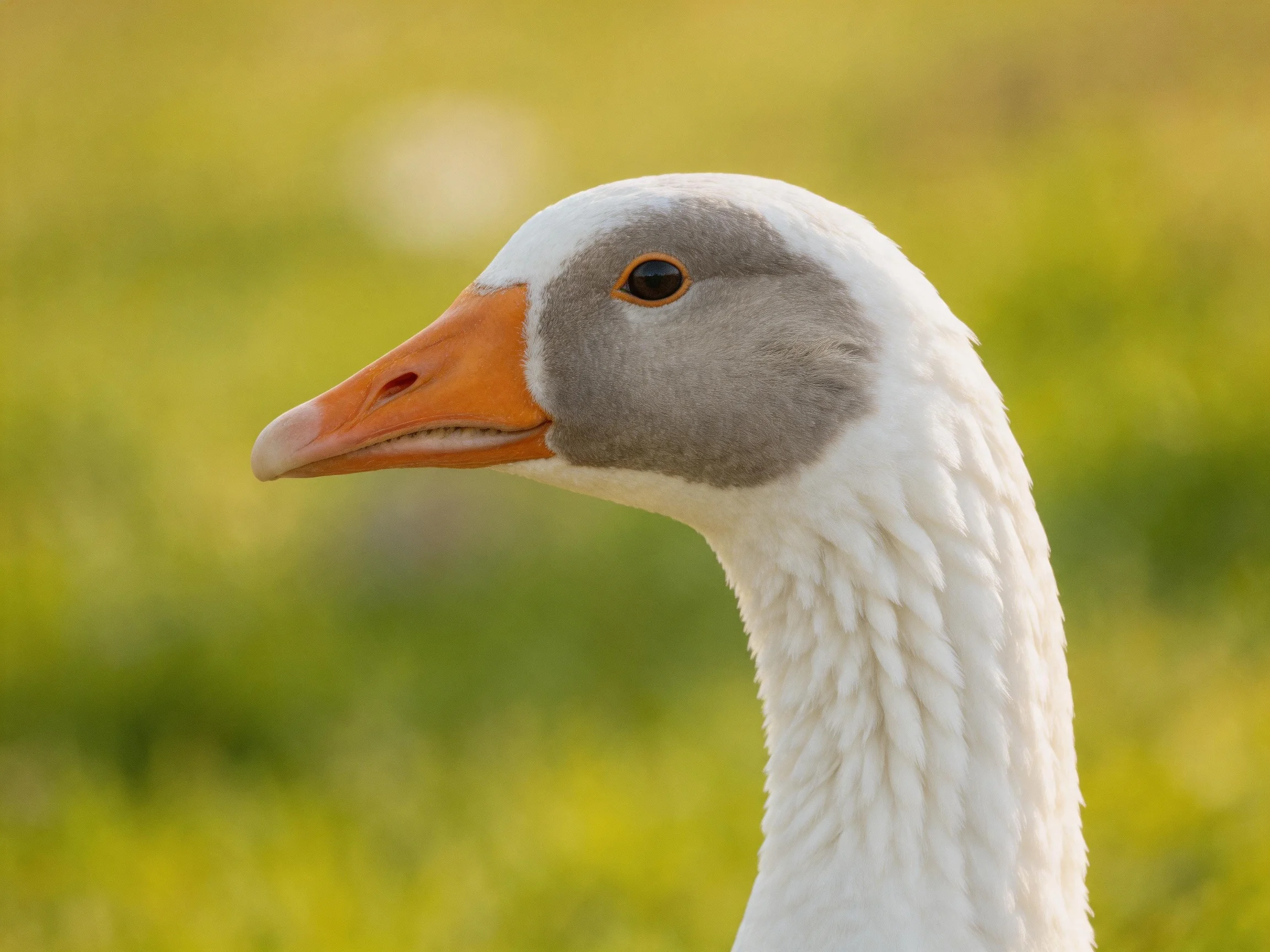 A white goose with gray facial patches and an orange beak in a blurred green field
