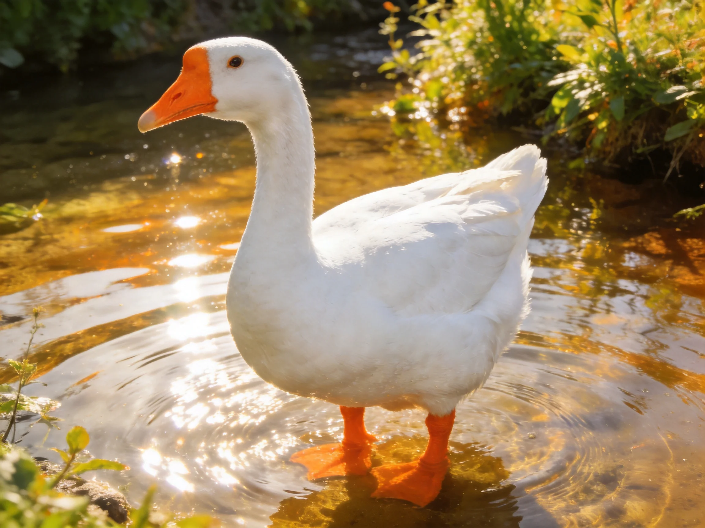 A white goose with orange beak stands in a sunlit shallow stream