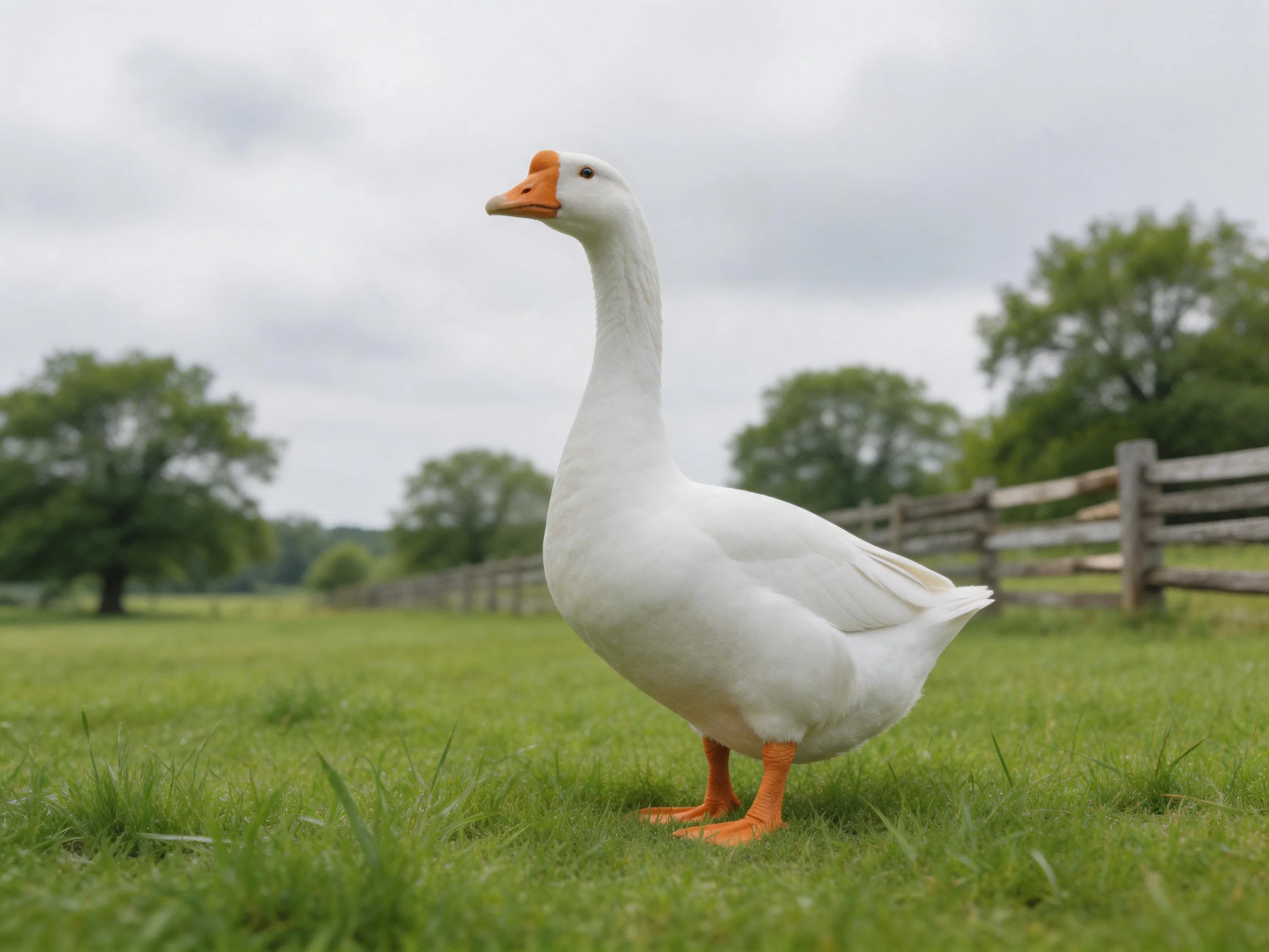 A white goose with orange beak stands on lush green grass near a wooden fence