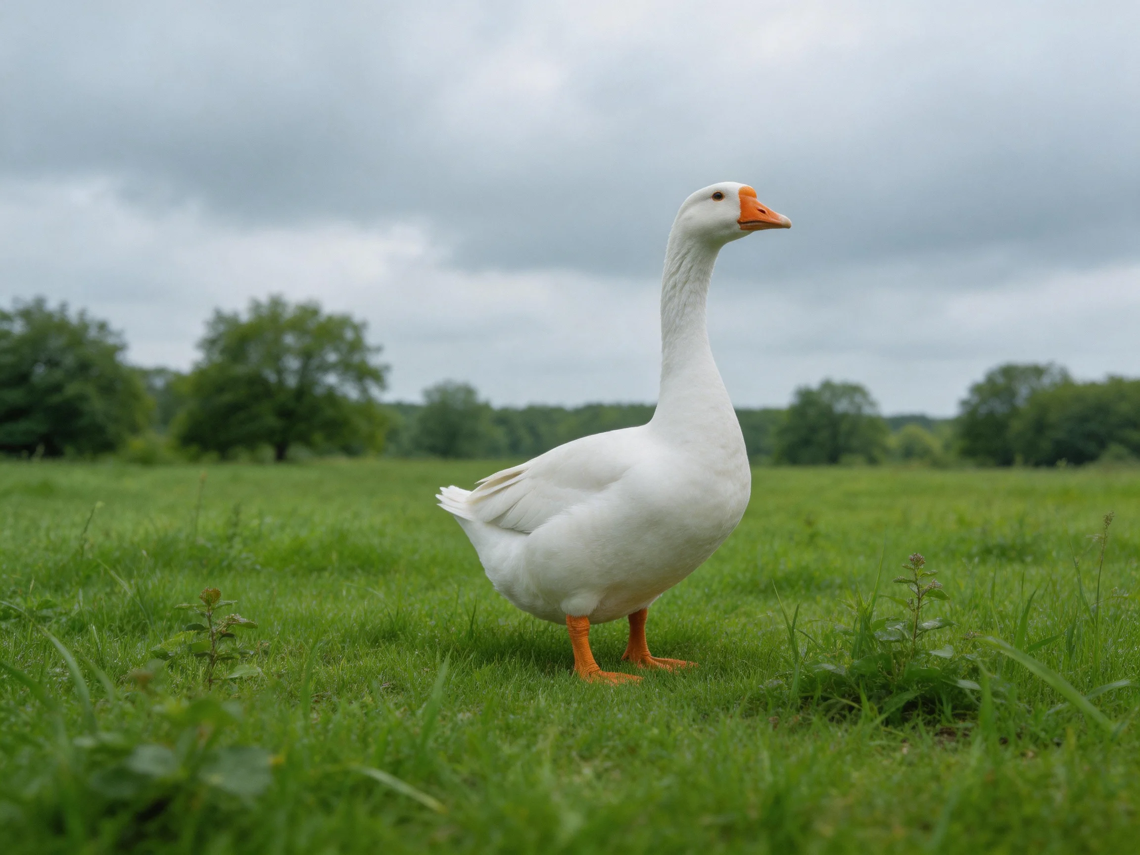 A white goose with orange beak stands on lush green grass near trees under cloudy sky