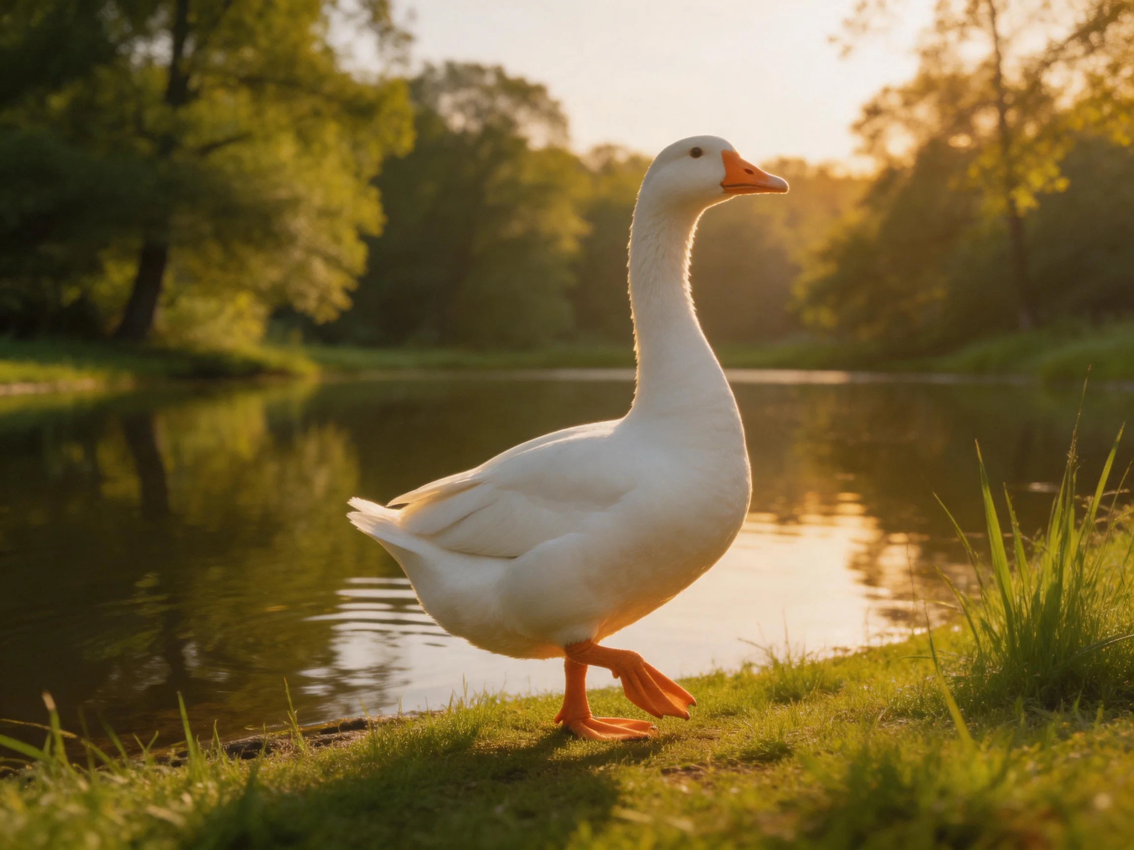 A white goose with orange beak walks along a grassy riverbank near calm water