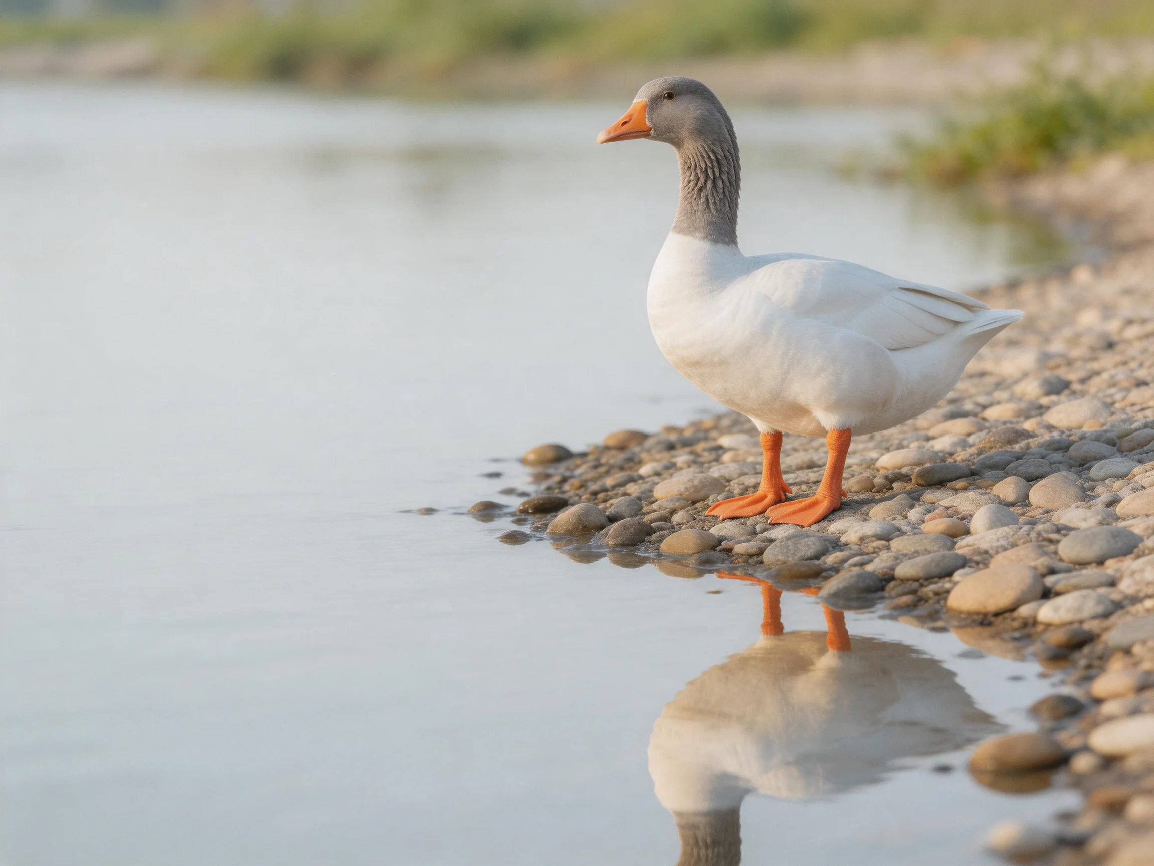 A white goose with orange feet stands on a pebbly shoreline near calm water