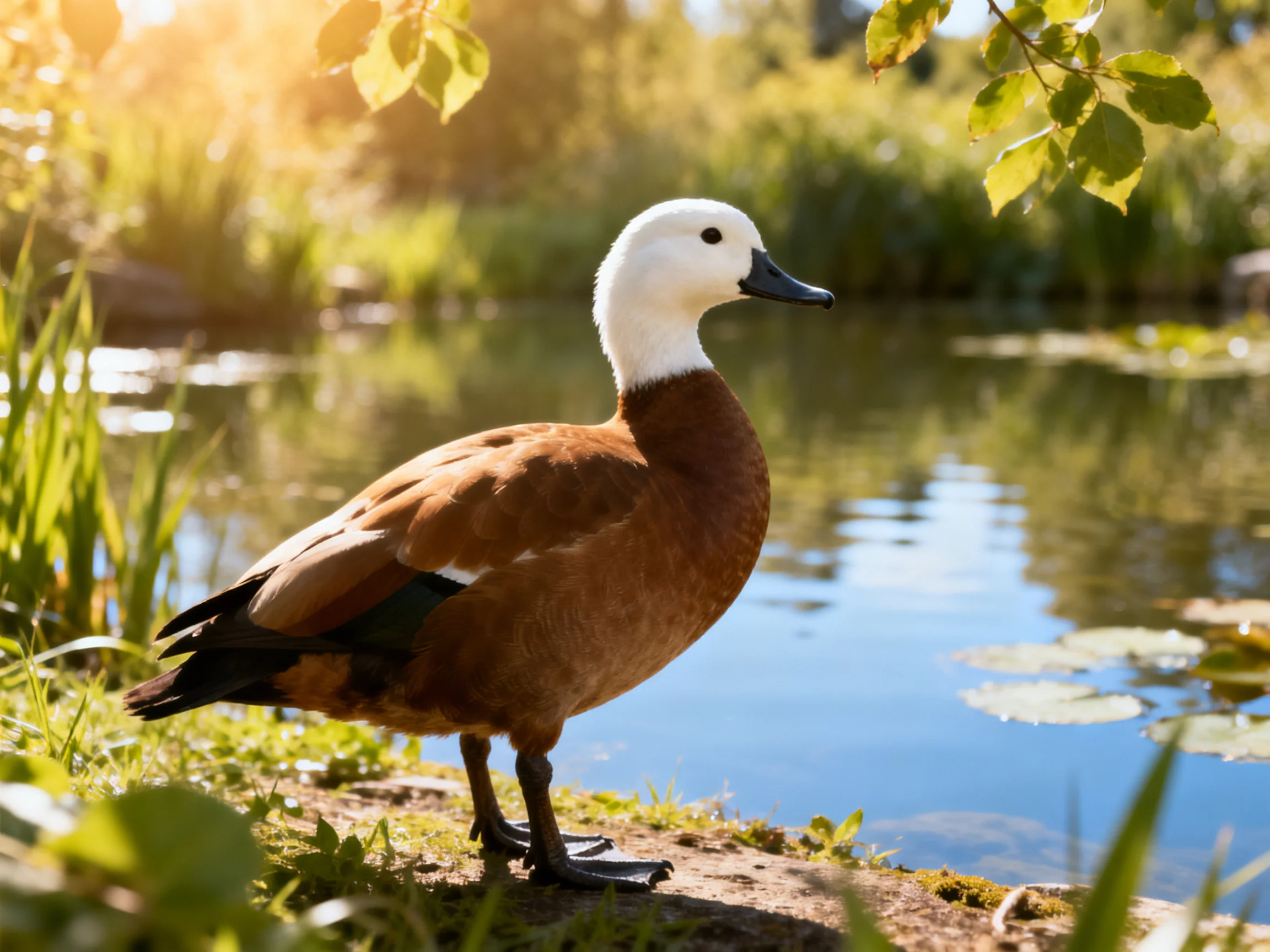 A white-headed brown duck stands by a calm pond with lush greenery