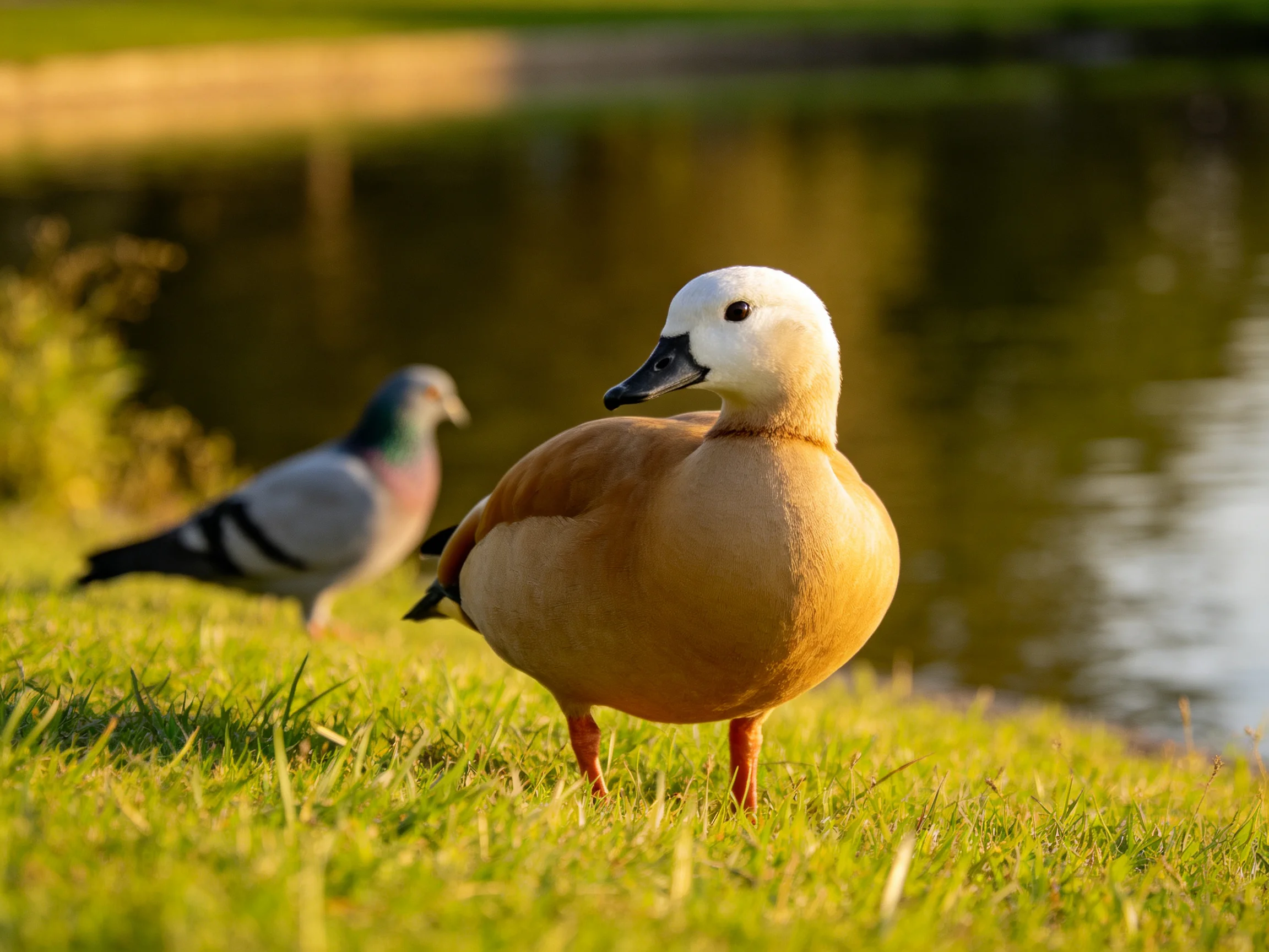 A white-headed duck stands beside a gray pigeon near a calm pond