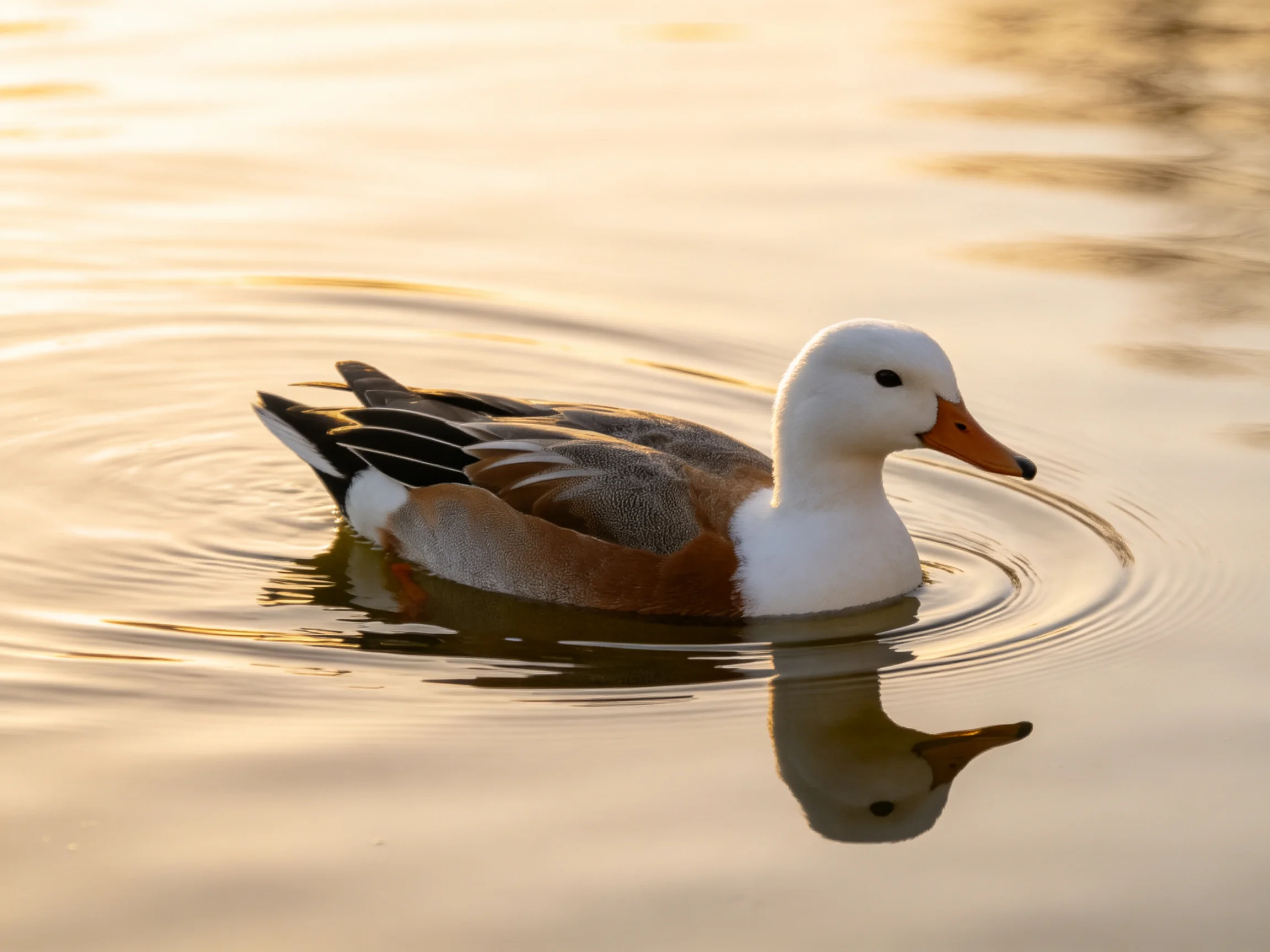 A white-headed duck swims gracefully in golden-hued water