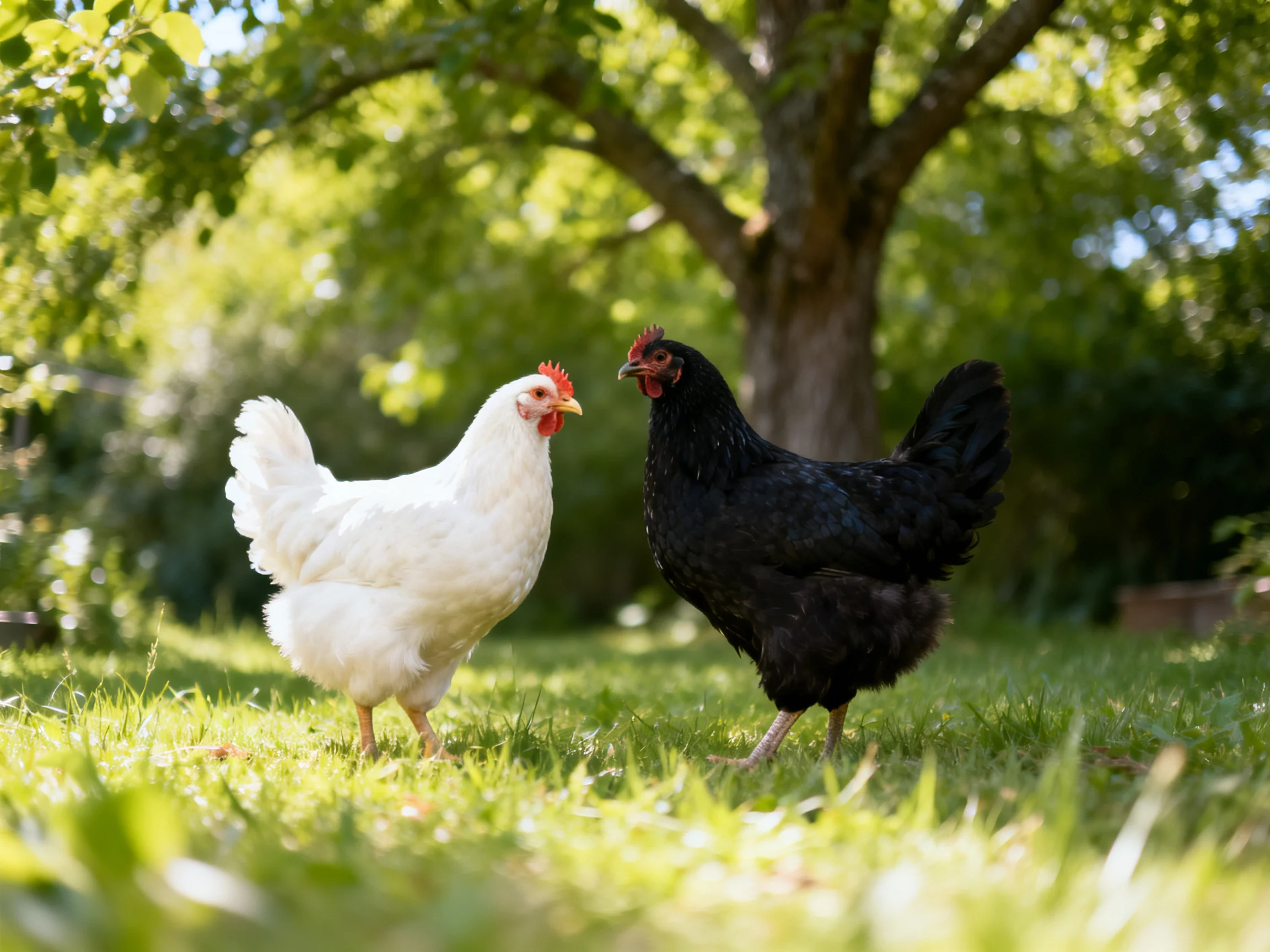 A white hen and black hen interact near a large tree