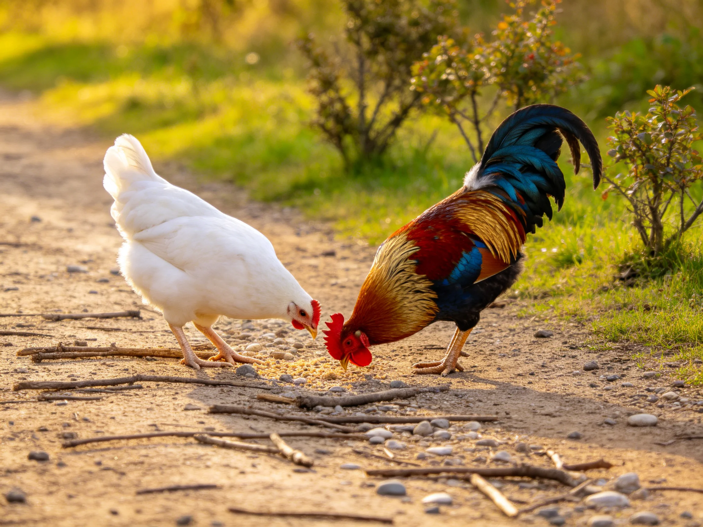 A white hen and multicolored rooster forage on a sunlit dirt path