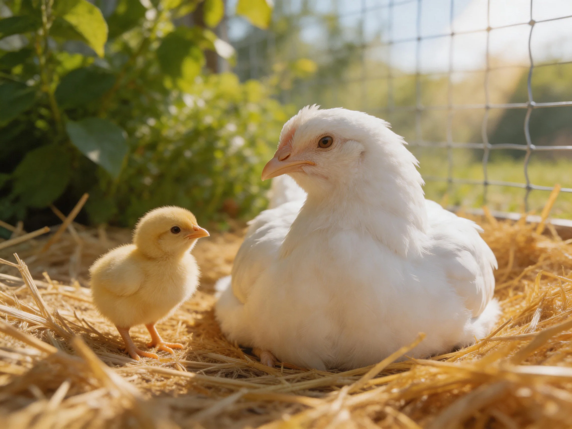 A white hen and yellow chick rest on golden straw near greenery