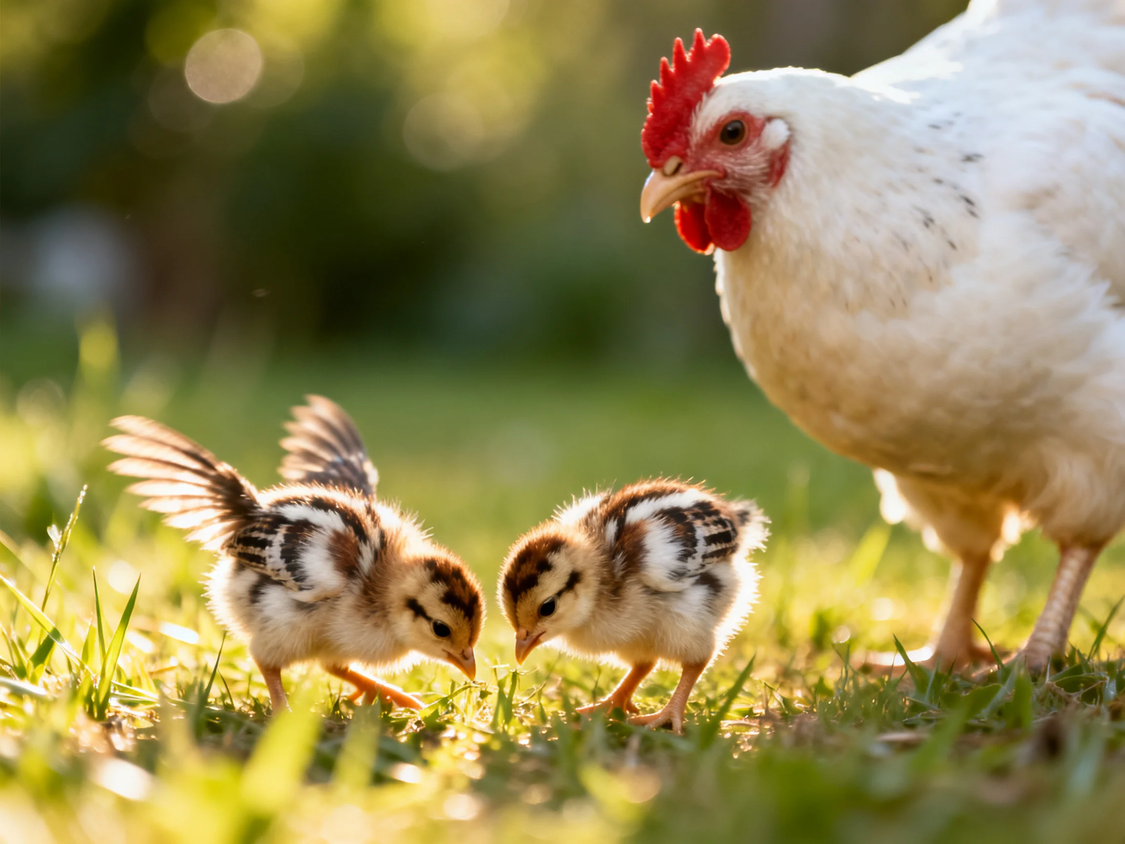 A white hen watches two striped chicks forage in sunlit grass