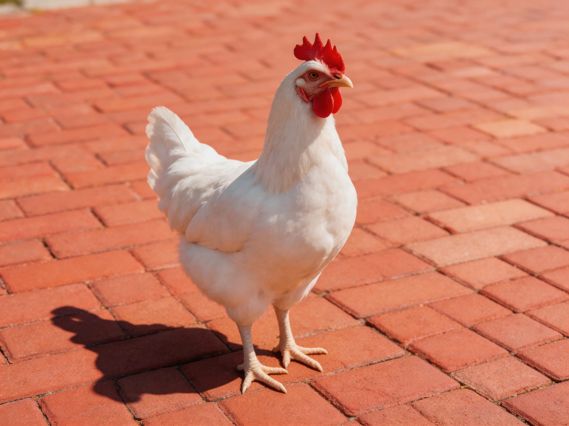 A white hen with a red comb stands on reddish-brown brick pavement