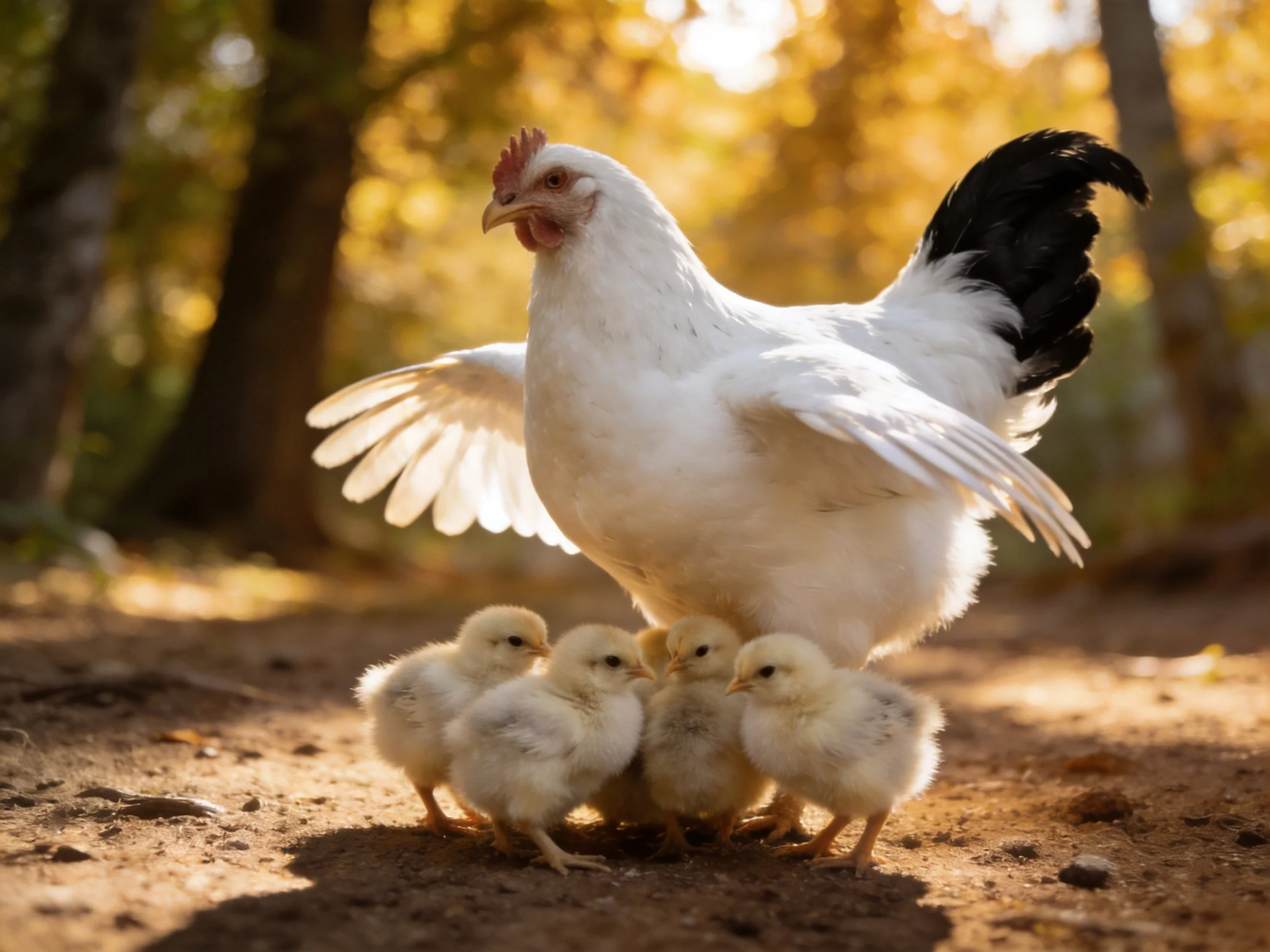 A white hen with black tail feathers protects four yellow chicks outdoors