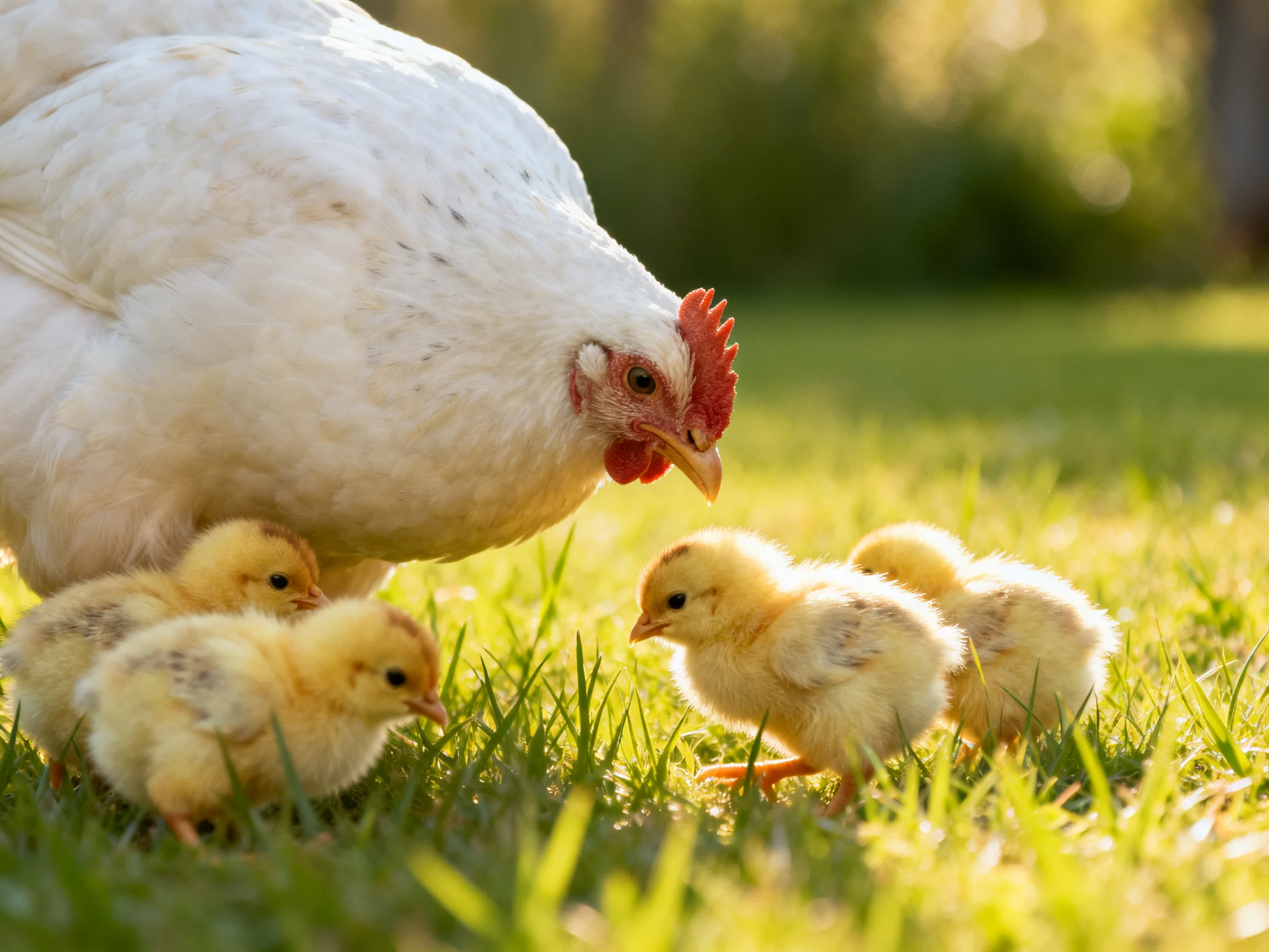 A white hen with four yellow chicks on sunlit green grass