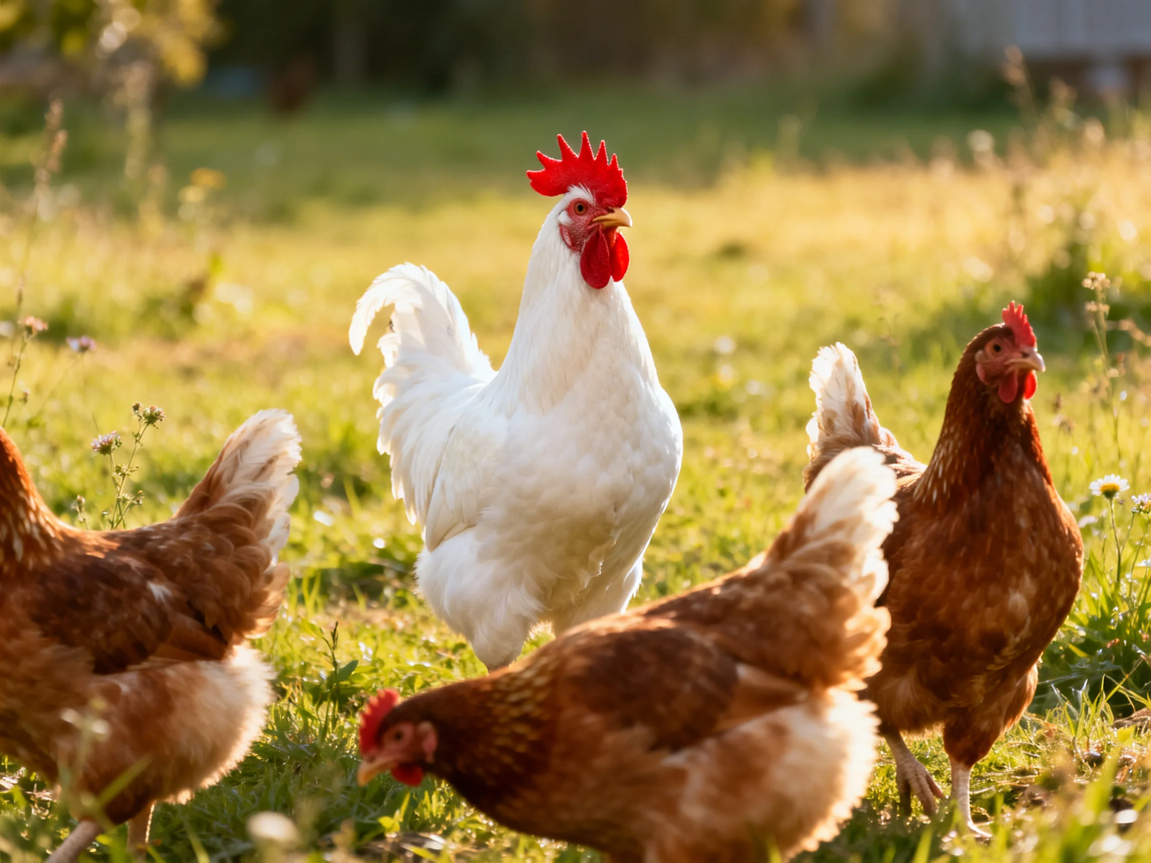 A white rooster among brown hens foraging in a sunlit grassy field