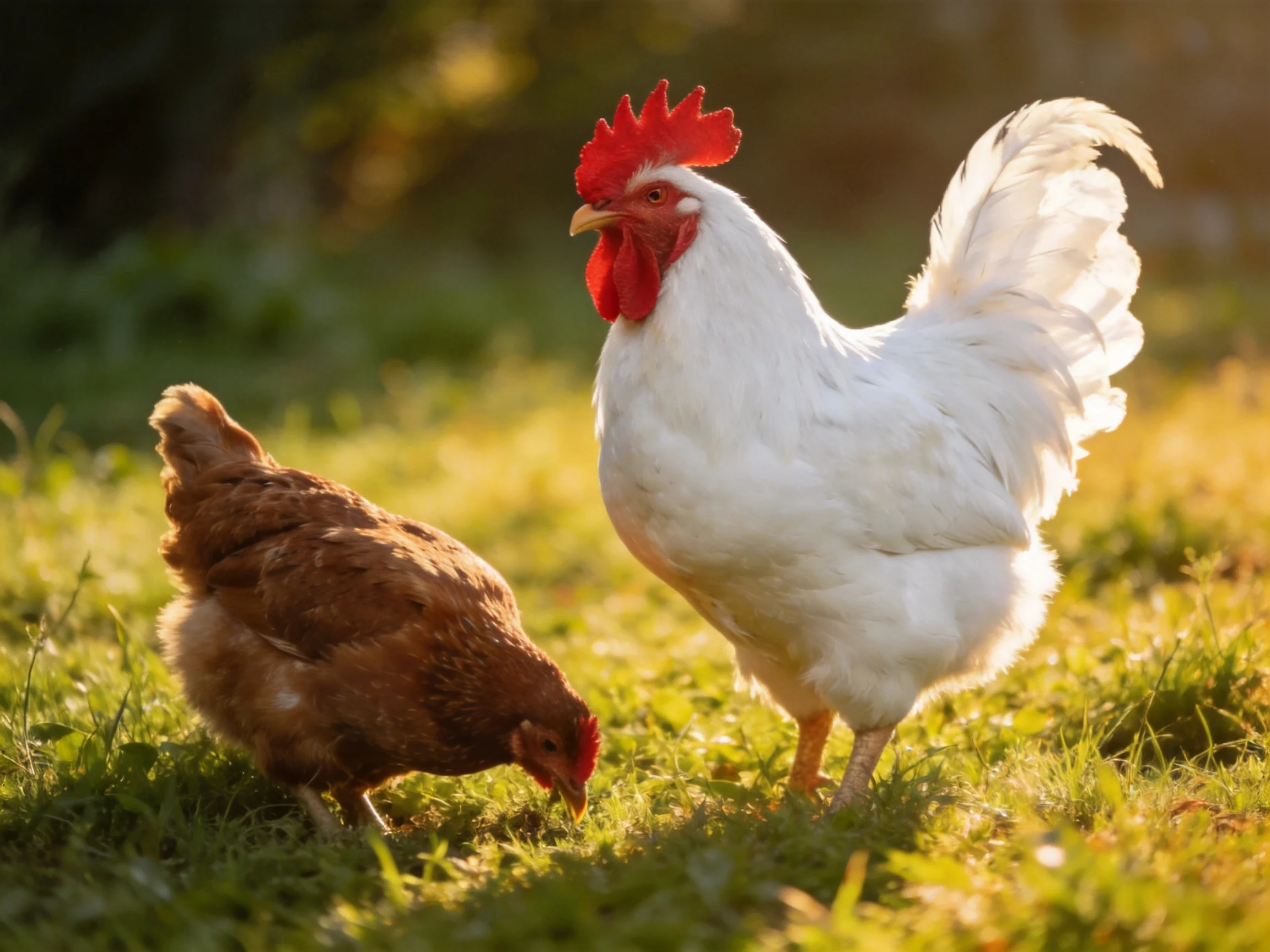 A white rooster and brown hen foraging in sunlit green grass
