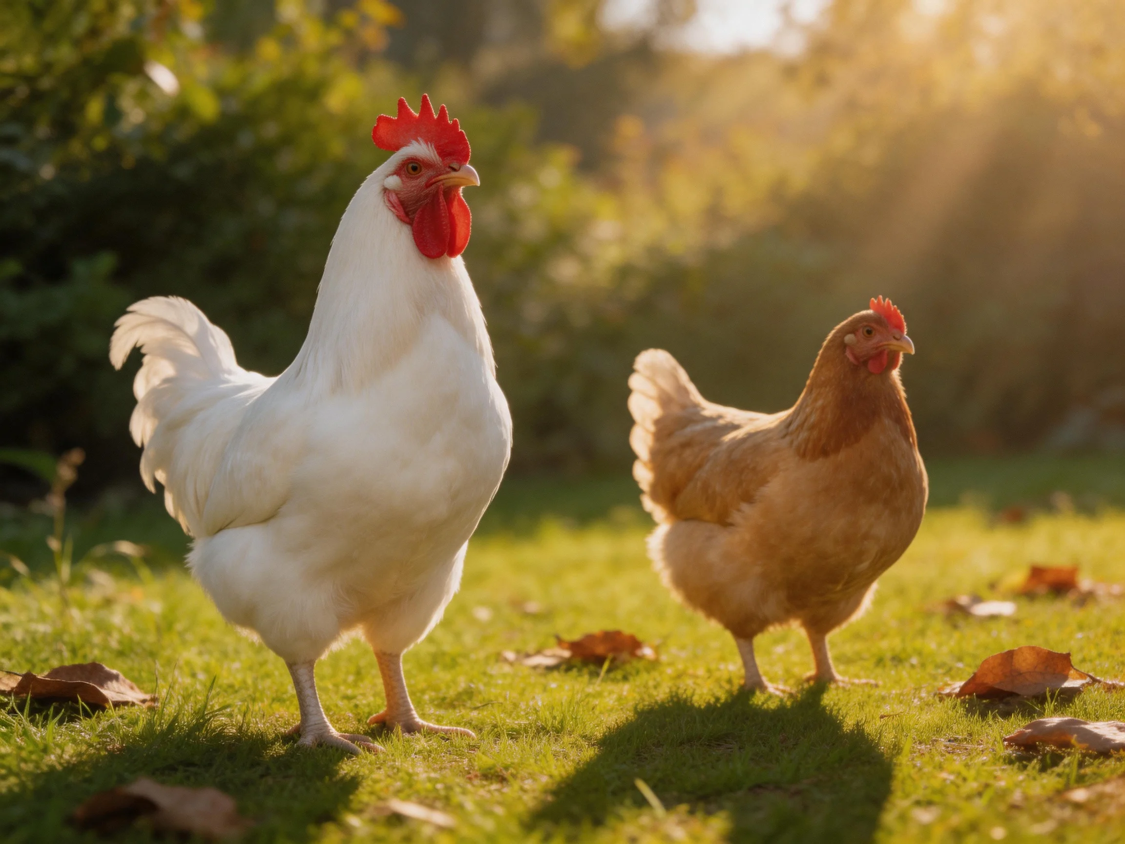 Two chickens, one white rooster and one brown hen, are on a sunlit grassy area surrounded by greenery.