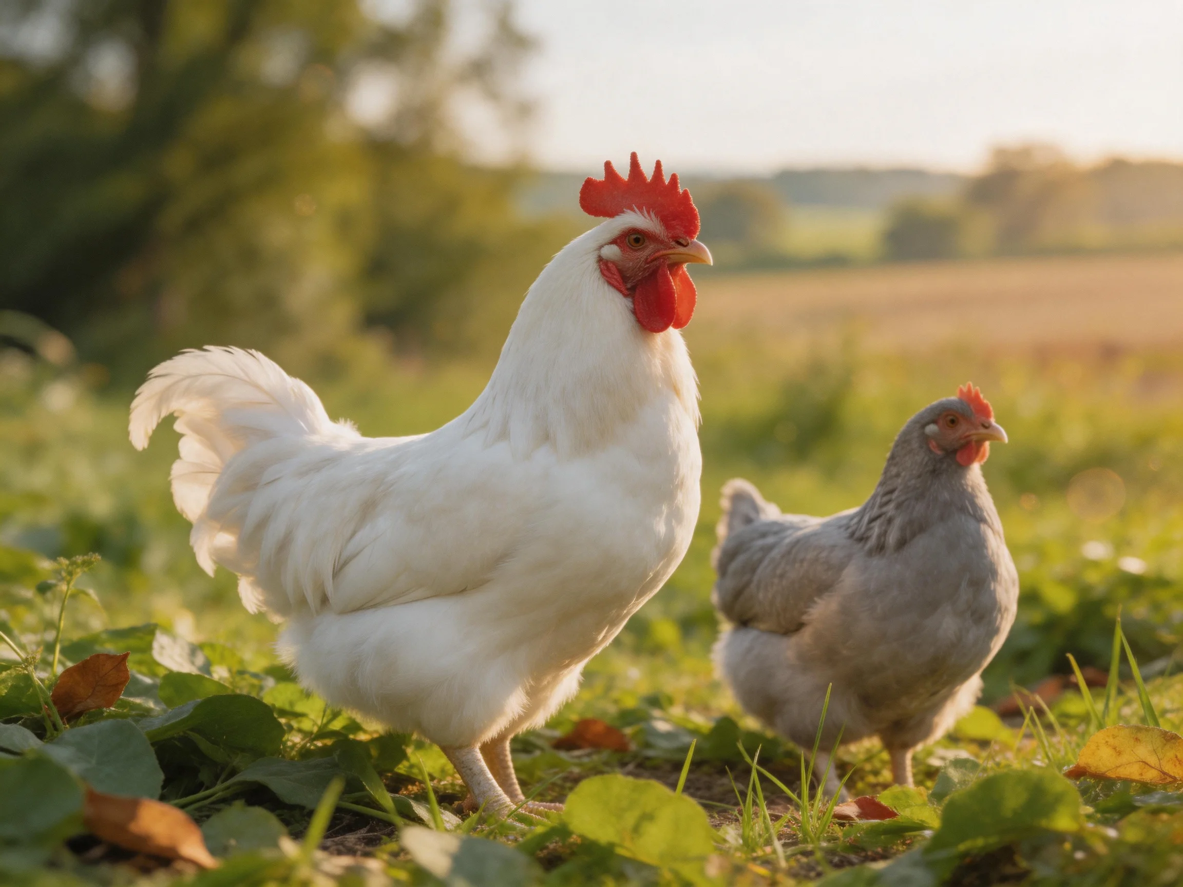 A white rooster and gray hen explore a sunlit meadow together.