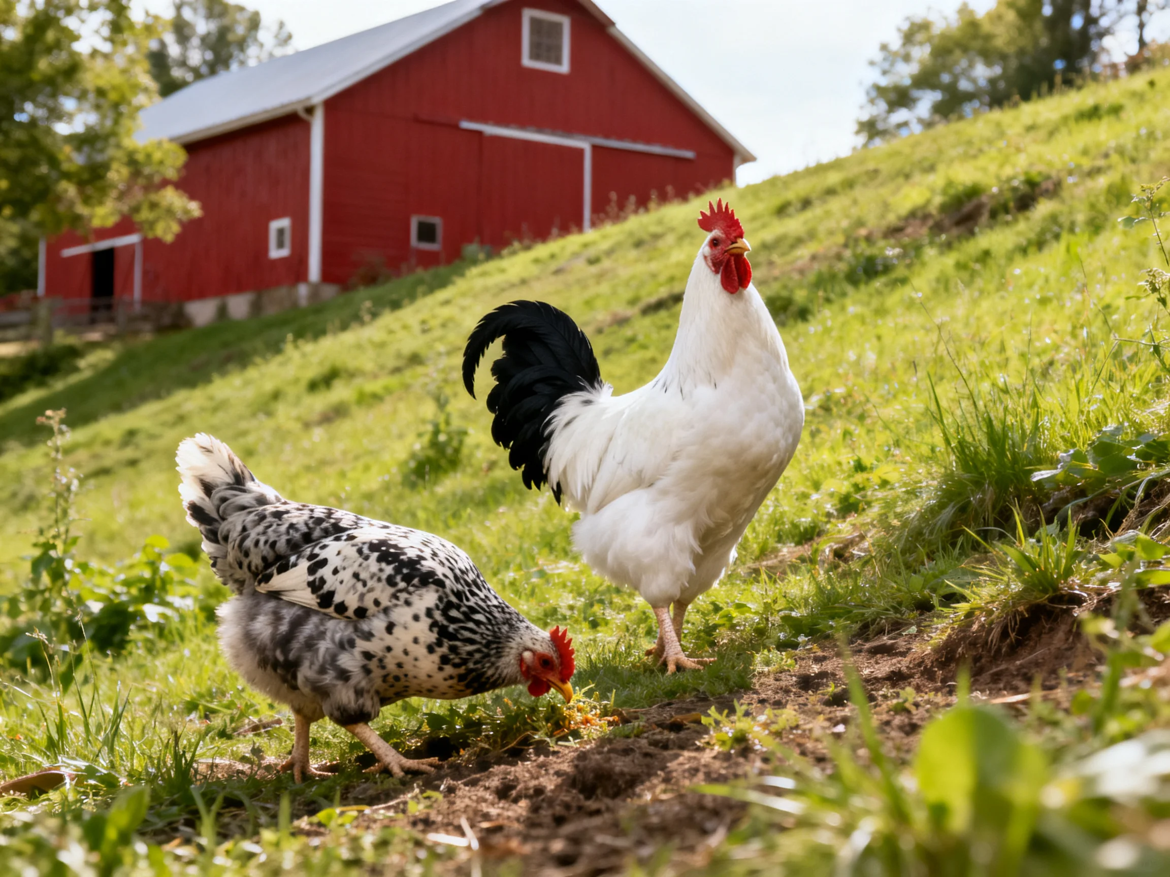A white rooster and speckled hen near a red barn on a grassy hill