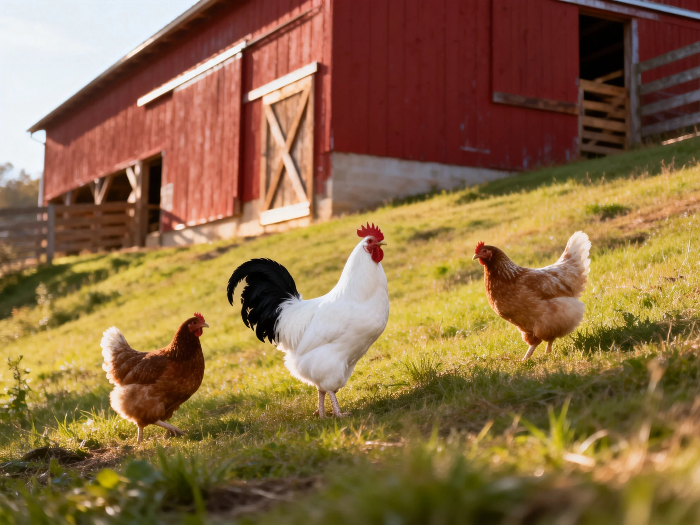 A white rooster and two brown hens roam near a large red barn on a grassy slope