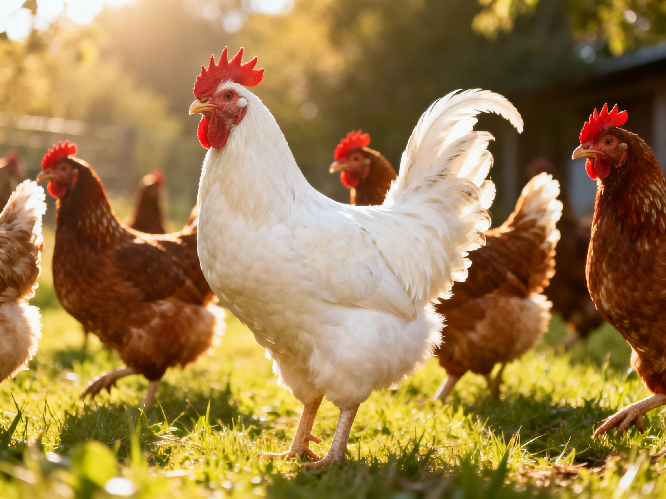 A white rooster leads a flock of brown hens in a sunlit grassy farmyard