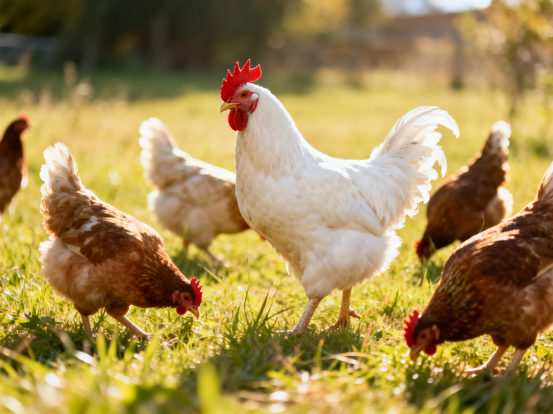 A white rooster leads brown hens foraging in sunlit grass
