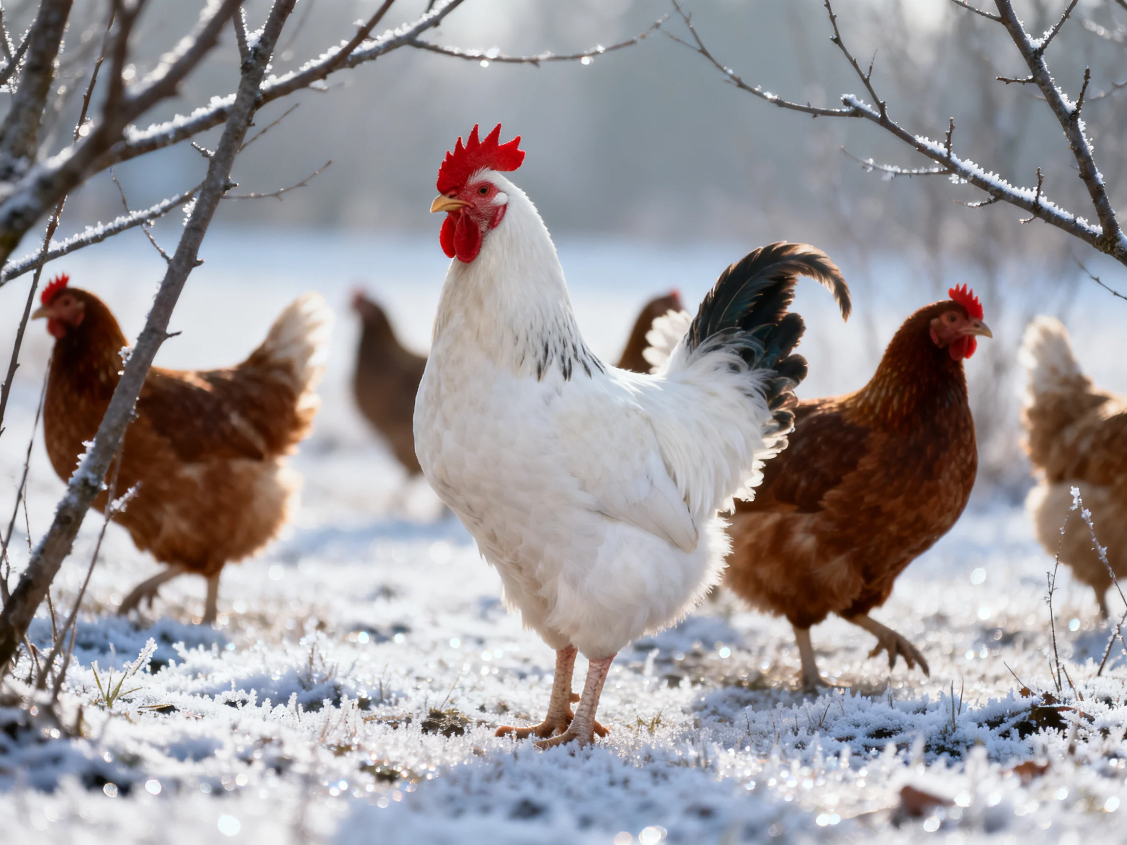 A white rooster leads brown hens through a frosty winter landscape