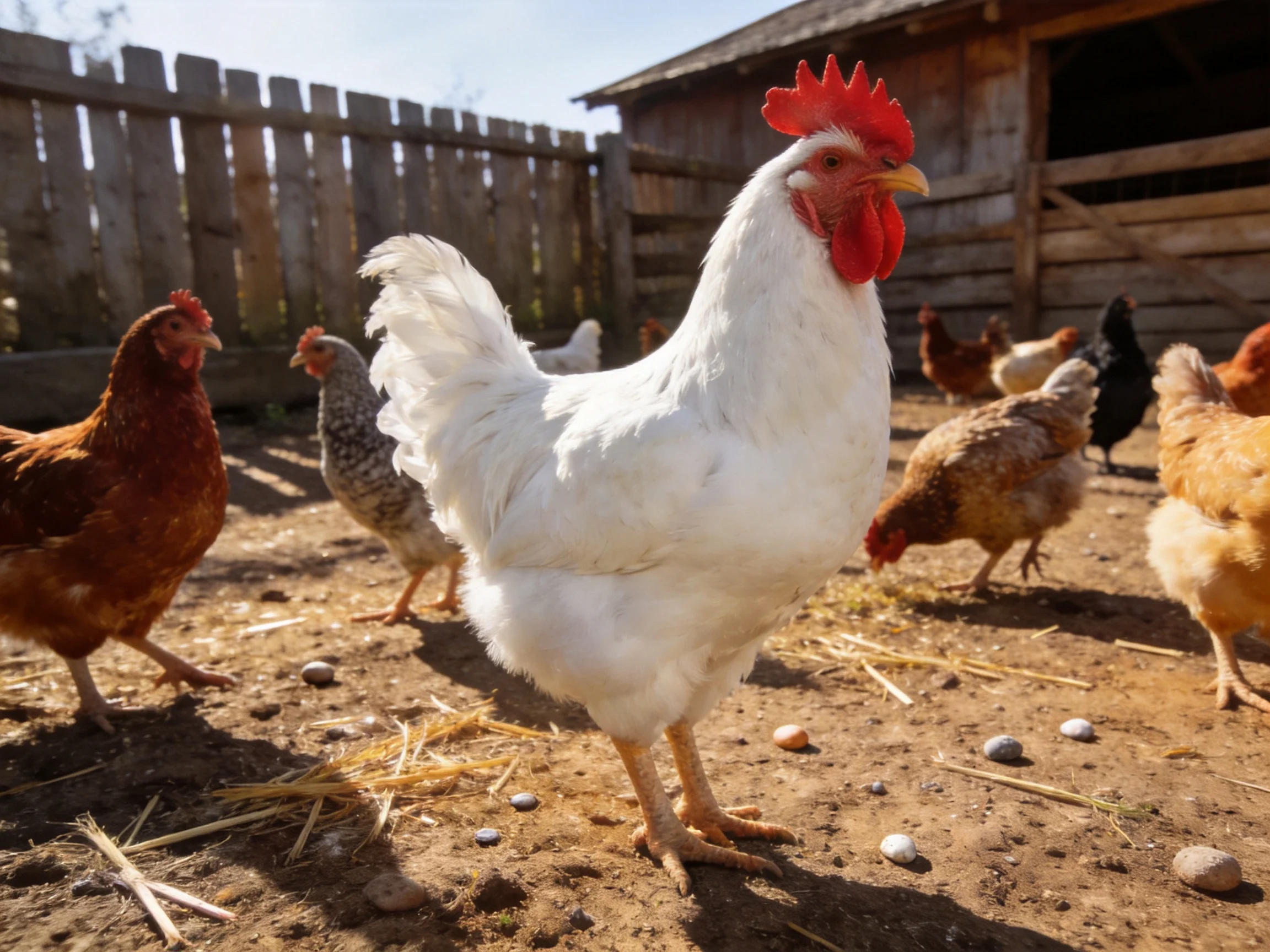 A white rooster leads colorful chickens near a wooden farm fence