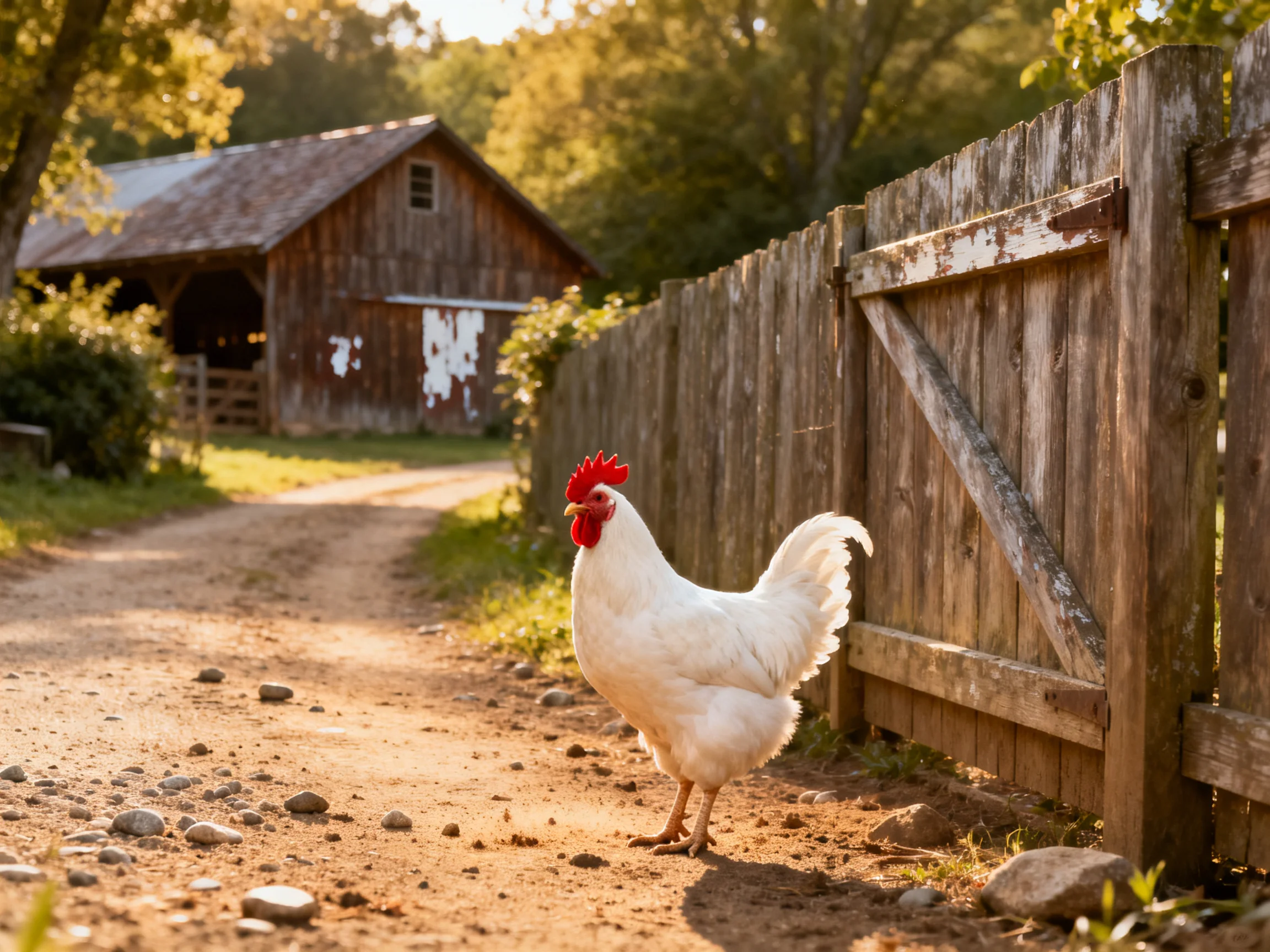 A white rooster near an aged wooden fence by a weathered barn