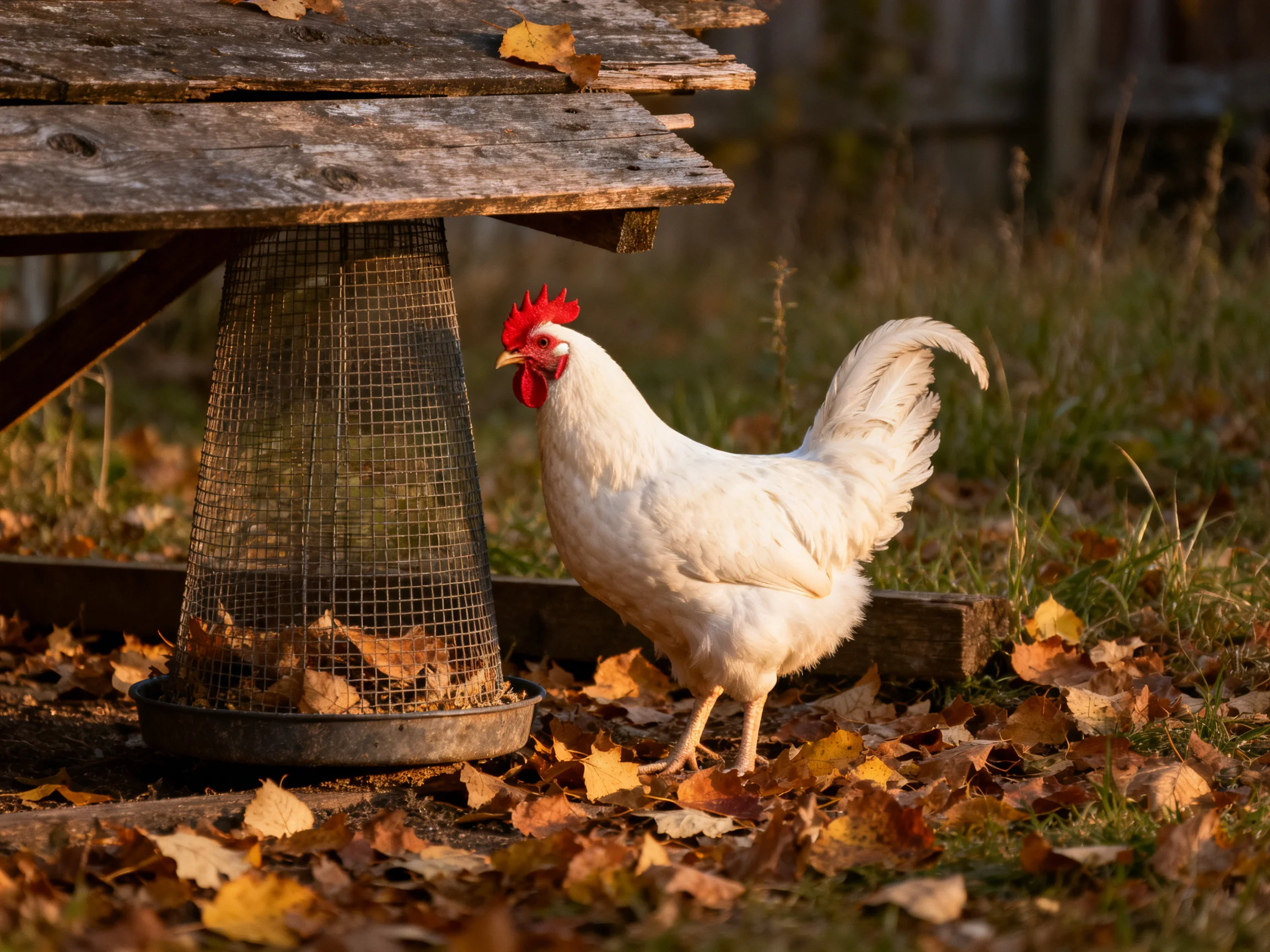 A white rooster near an old wooden feeder amid fallen autumn leaves