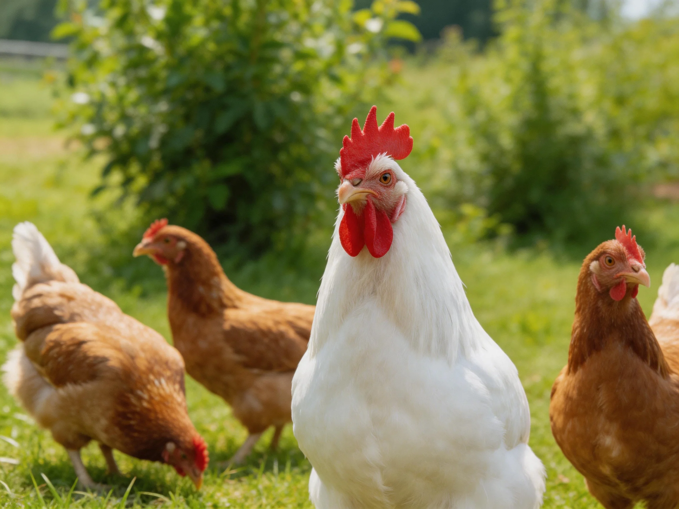 A white rooster is surrounded by brown hens in a sunlit, green outdoor setting.