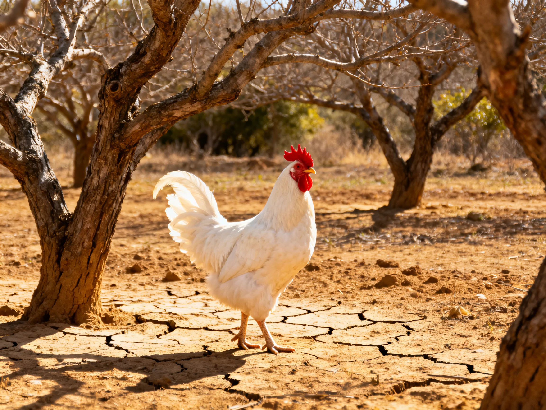 A white rooster stands among dry, cracked earth and leafless trees