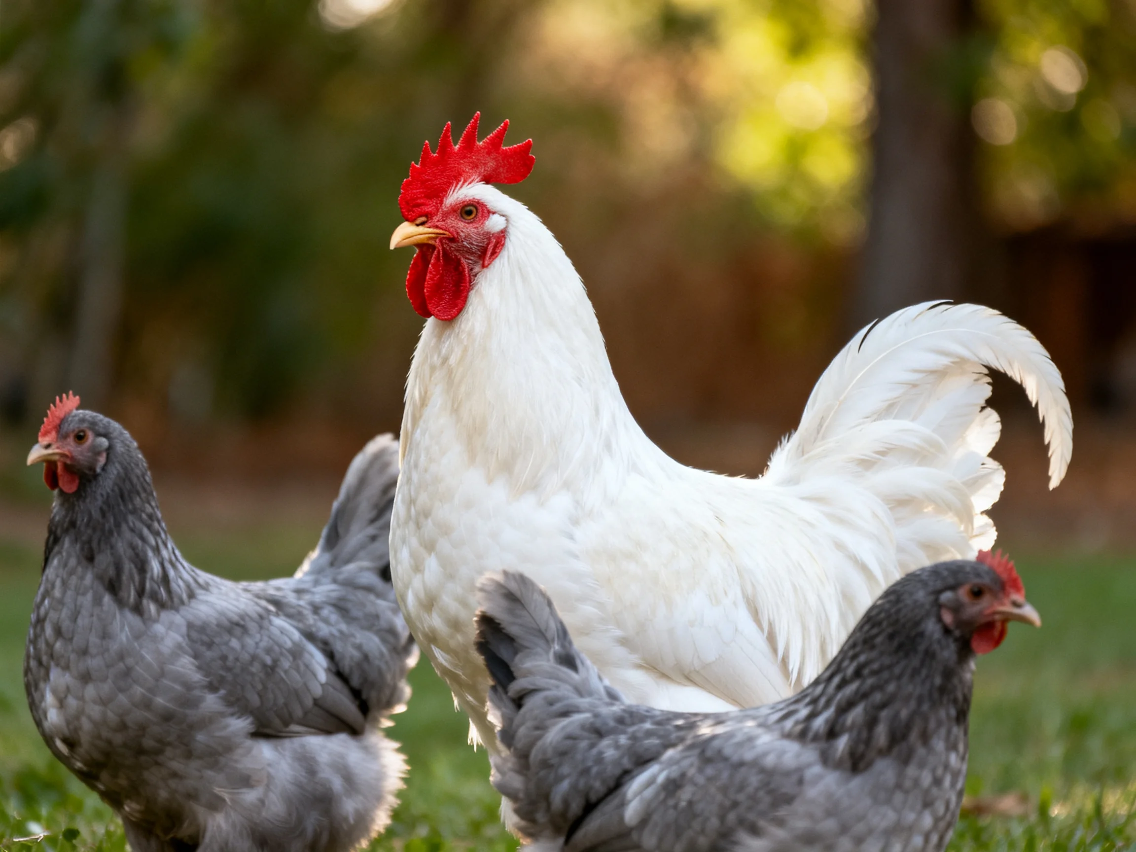 A white rooster stands among gray hens in a sunlit outdoor setting
