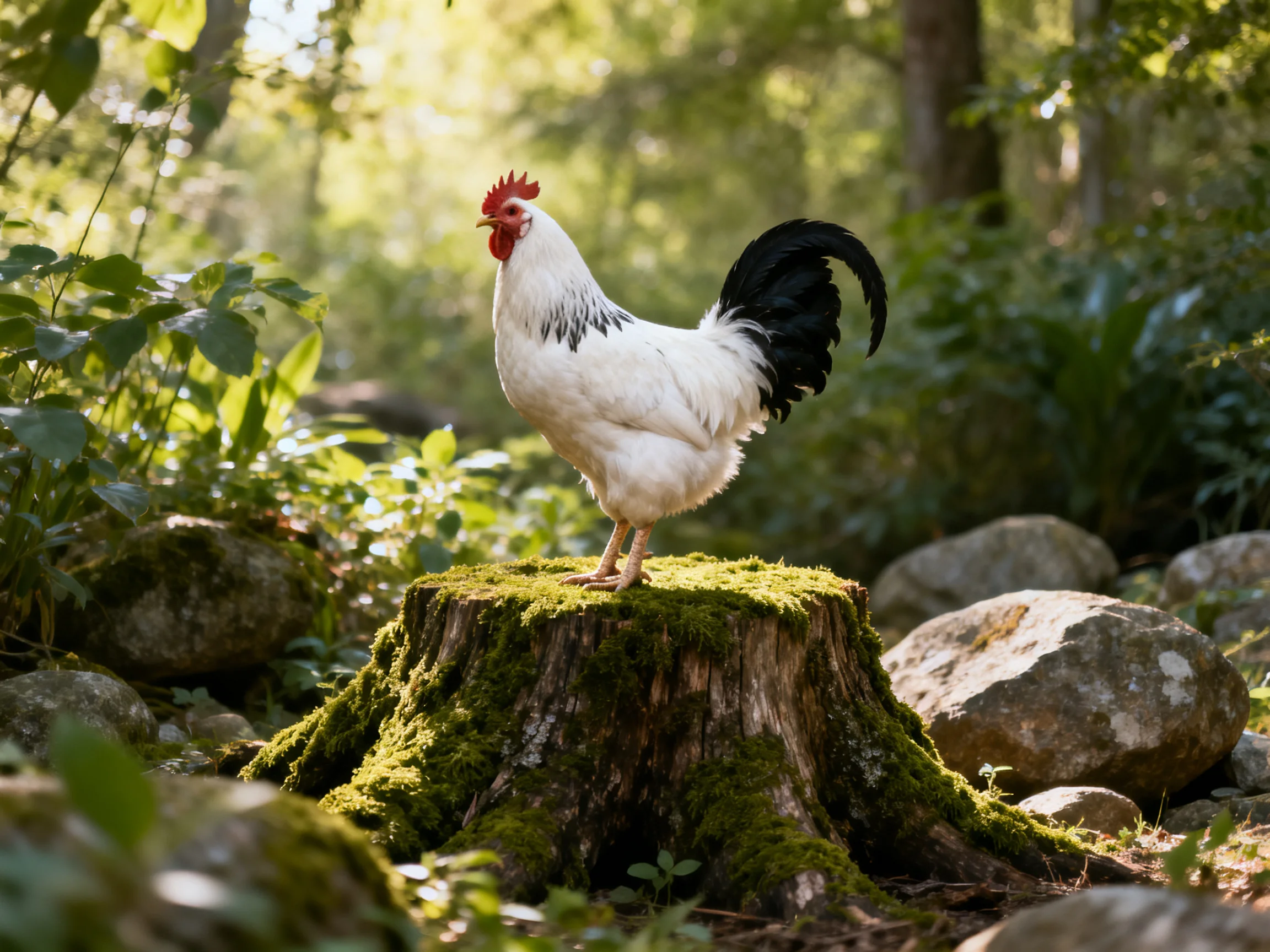 A white rooster stands on a moss-covered tree stump in a sunlit forest