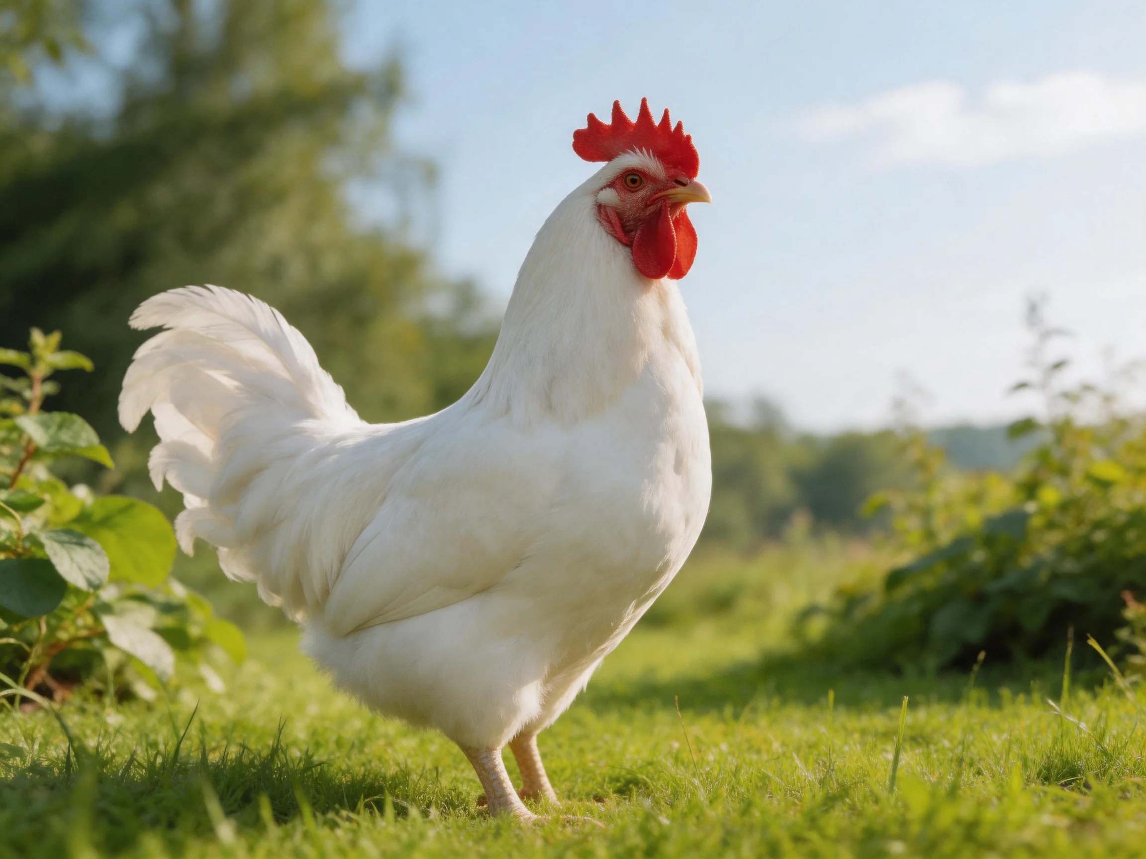 A white rooster stands on green grass in a sunny outdoor area.