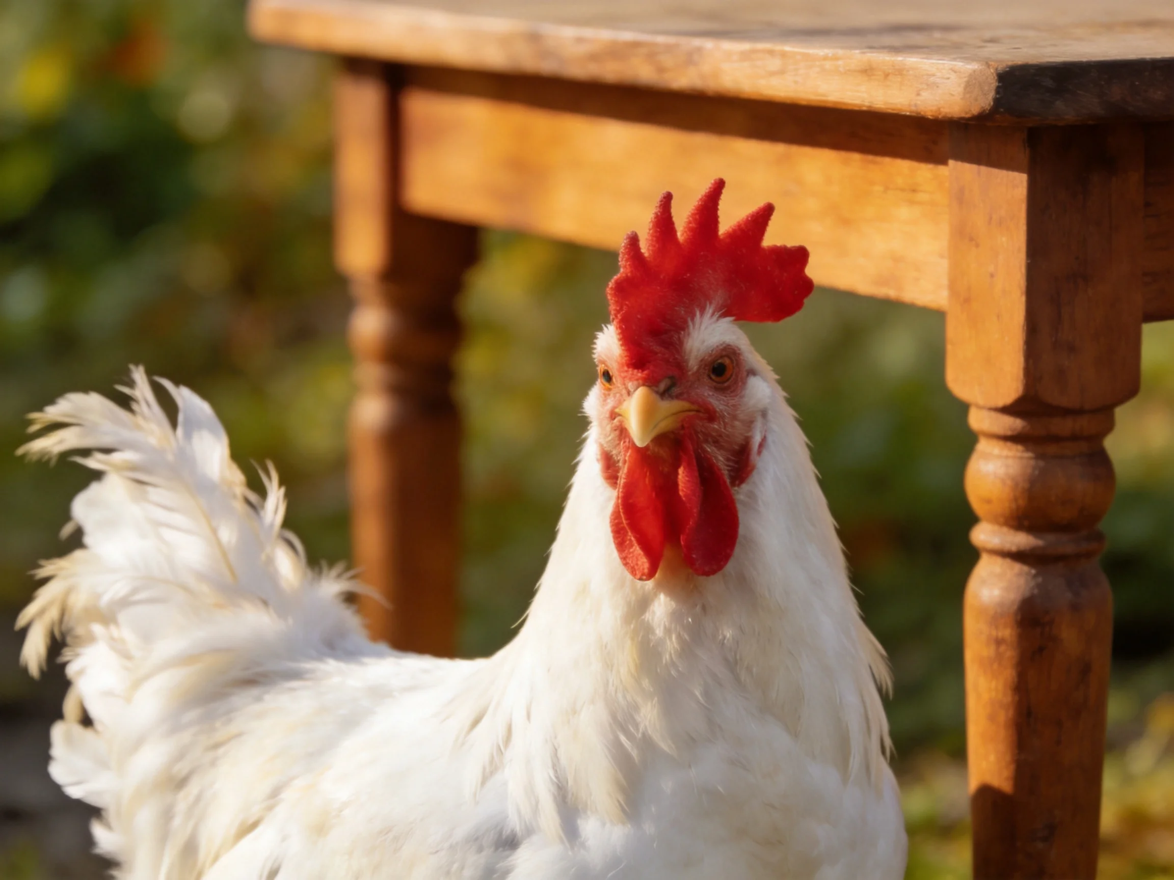 A white rooster with a bright red comb stands beside an aged wooden table outdoors