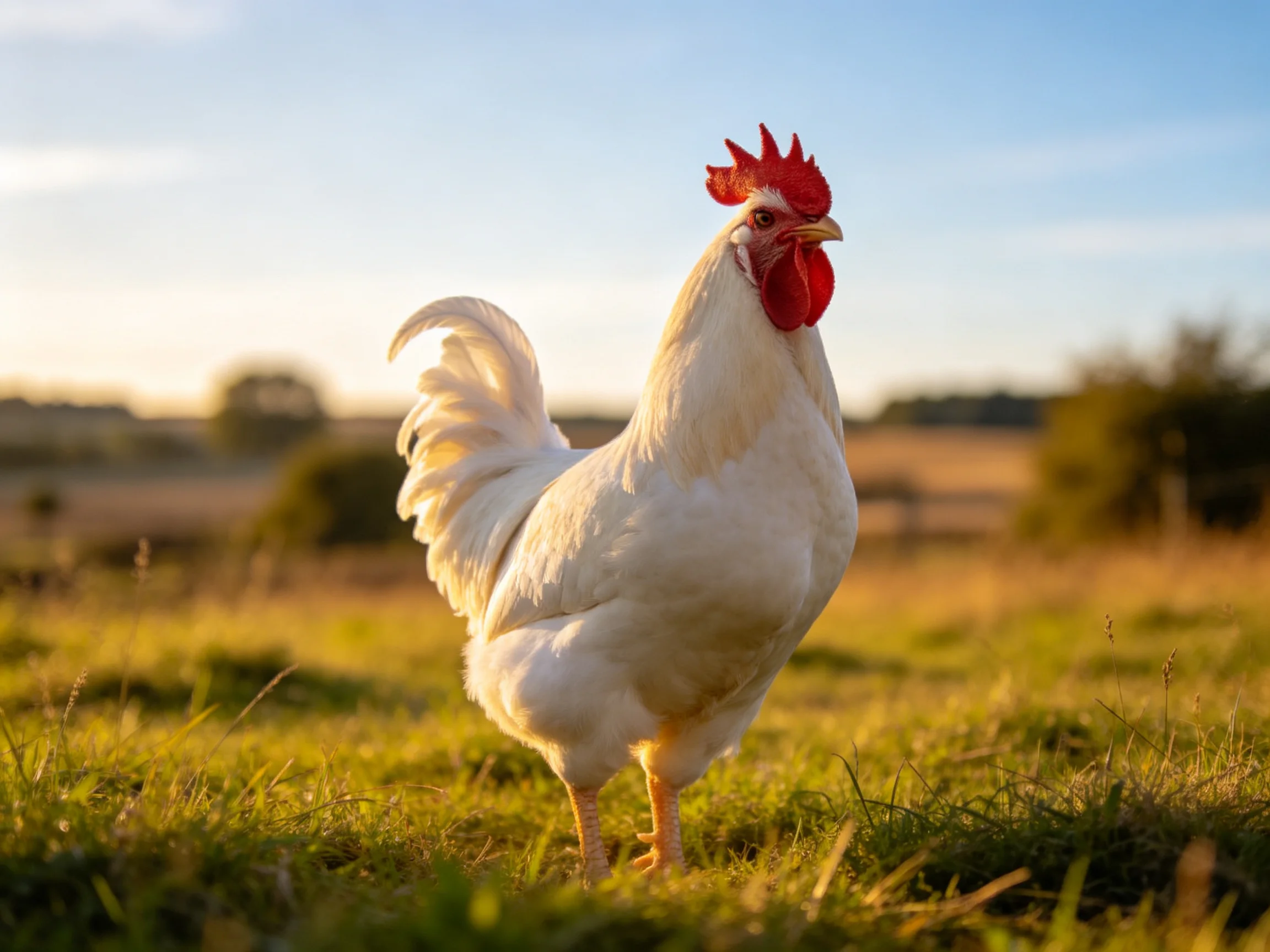 A white rooster with a red comb stands in a sunlit grassy field near distant trees