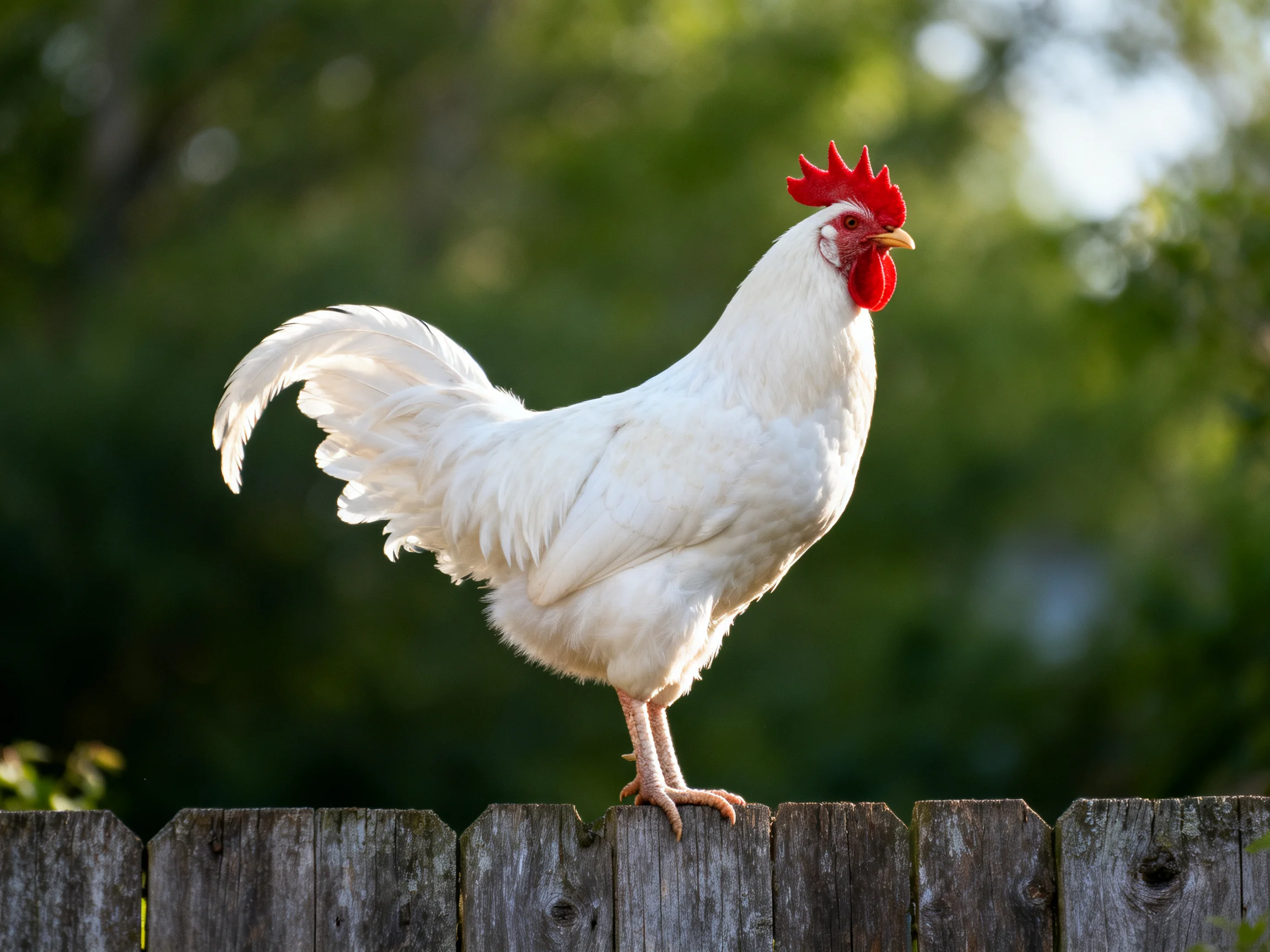 A white rooster perches atop a weathered wooden fence amidst a blurred green backdrop.