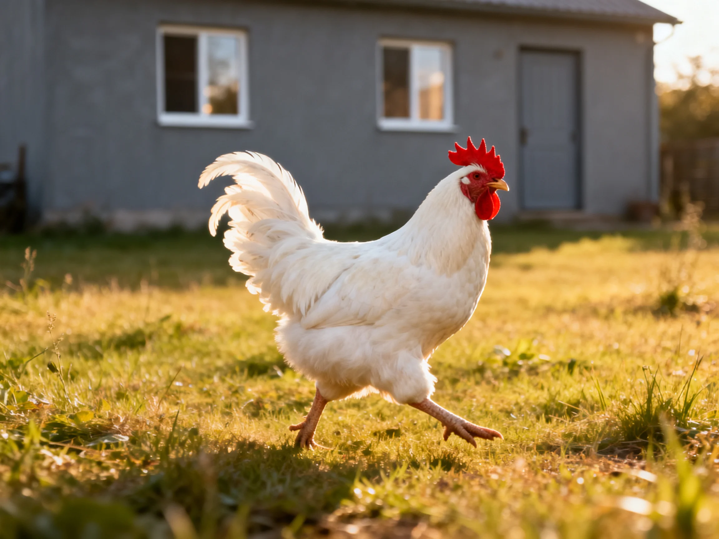 A white rooster walks on sunlit grass in front of a gray house.