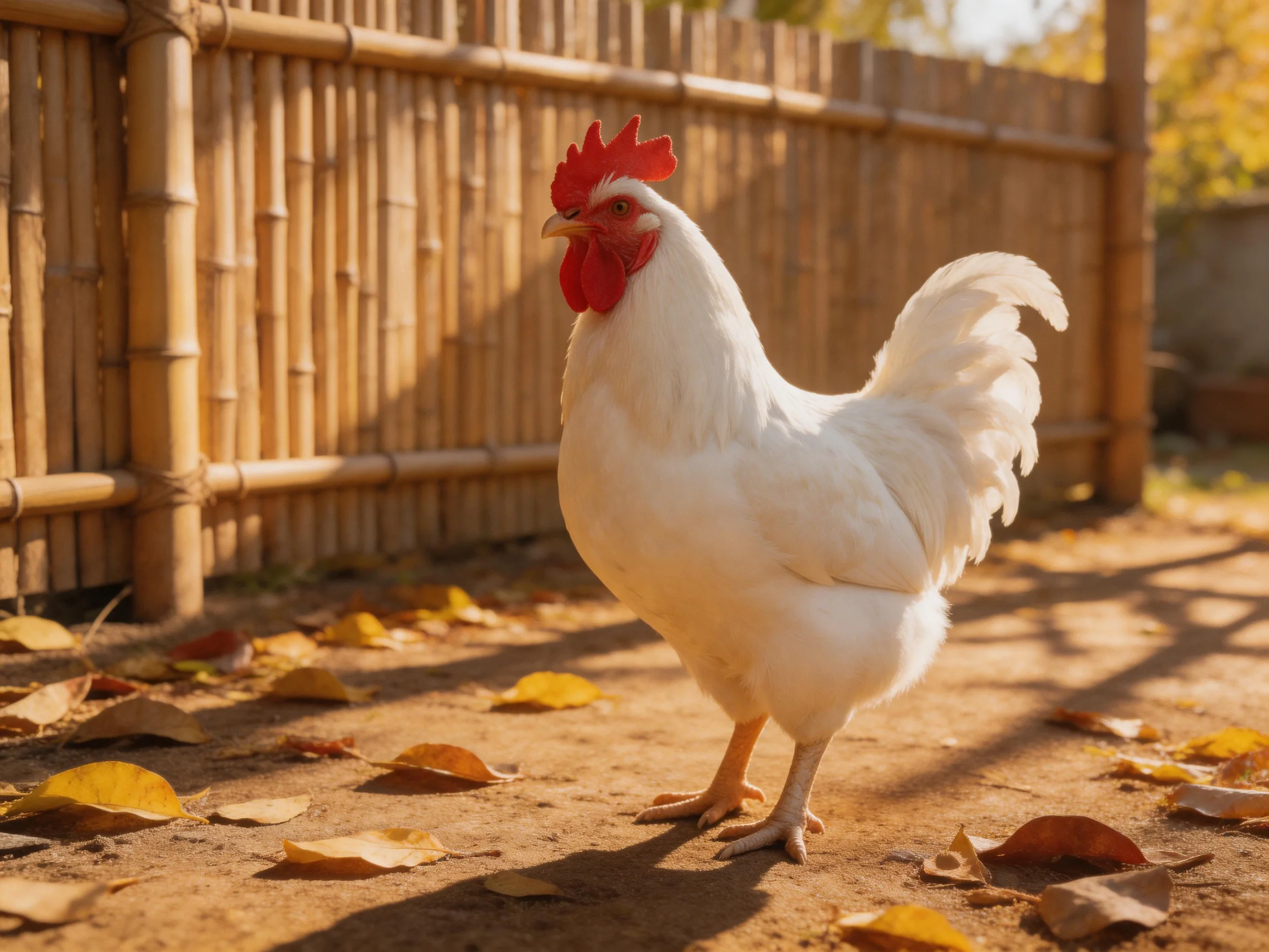 A white rooster with a red comb stands near a bamboo fence amid scattered autumn leaves.
