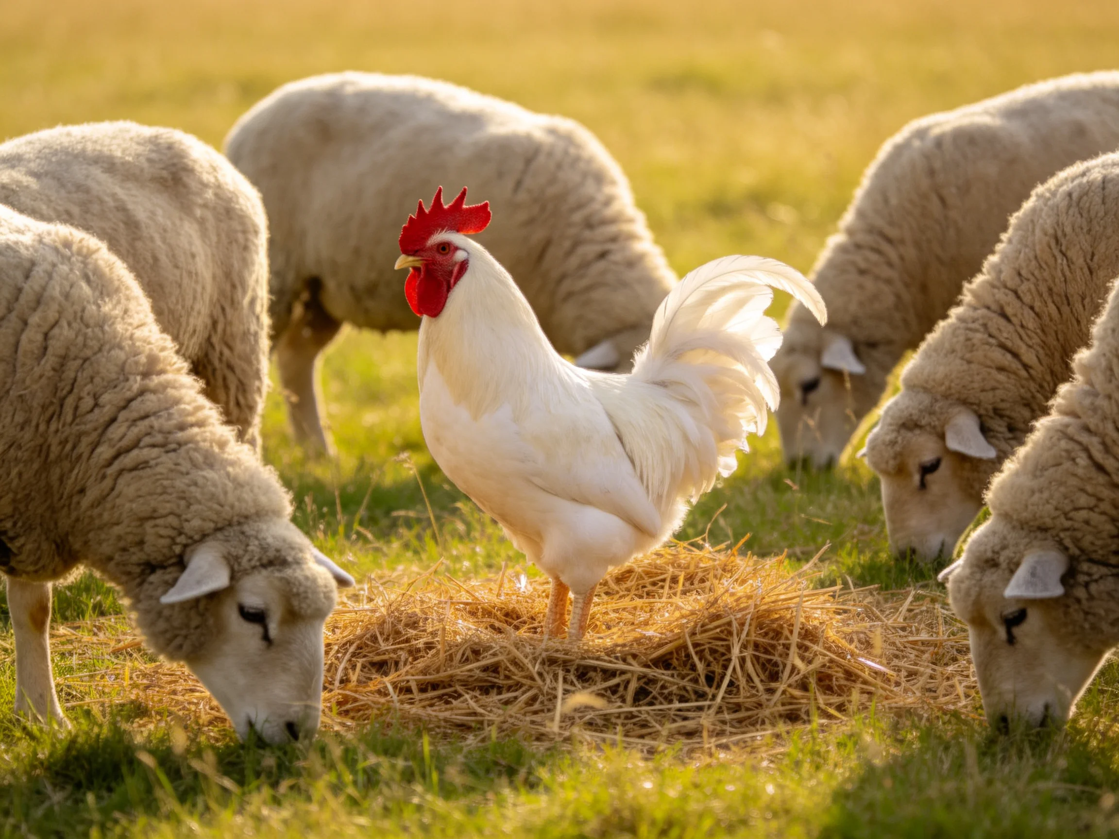 A white rooster with a red comb is surrounded by grazing sheep in a sunlit field.