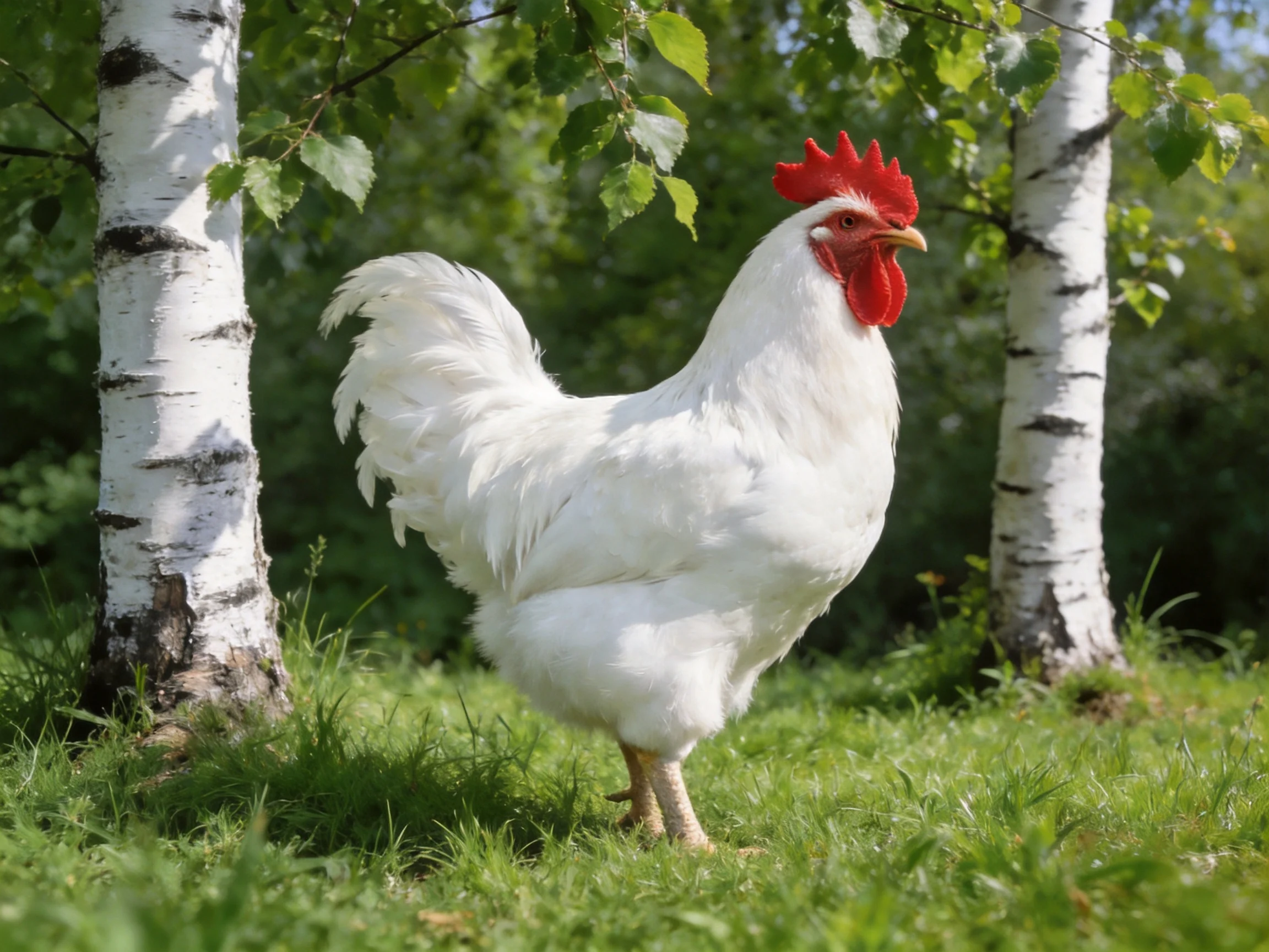 A white rooster with a red comb stands among two birch trees on lush green grass