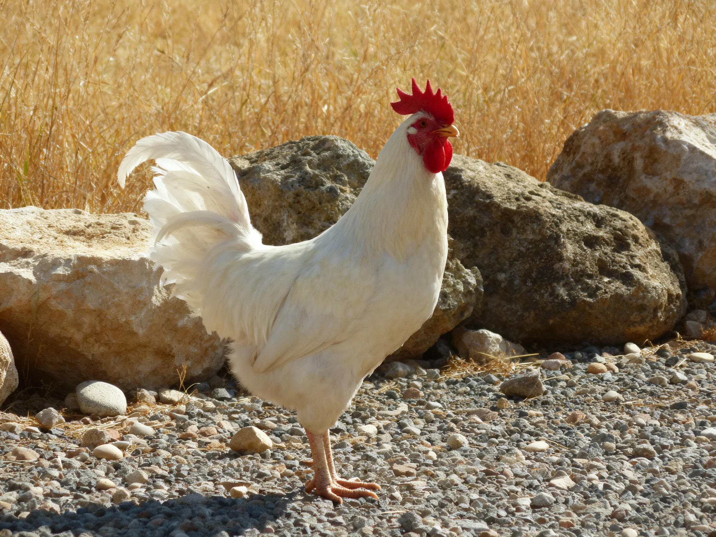A white rooster with a red comb stands near large rocks and golden grass