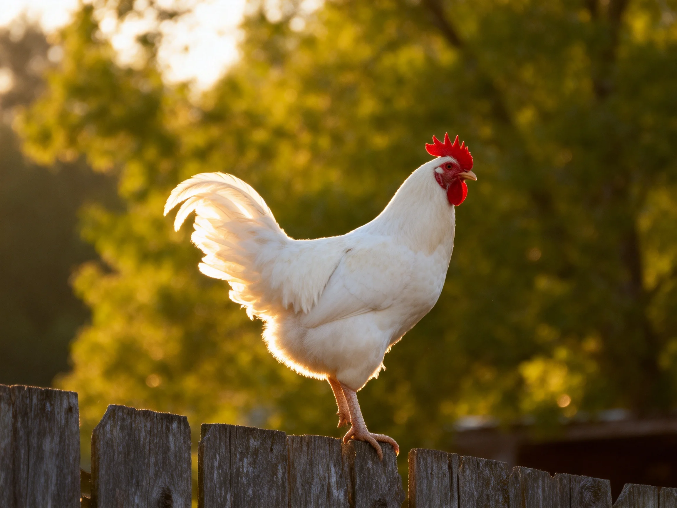 A white rooster with a red comb stands on a weathered wooden fence near sunlit trees