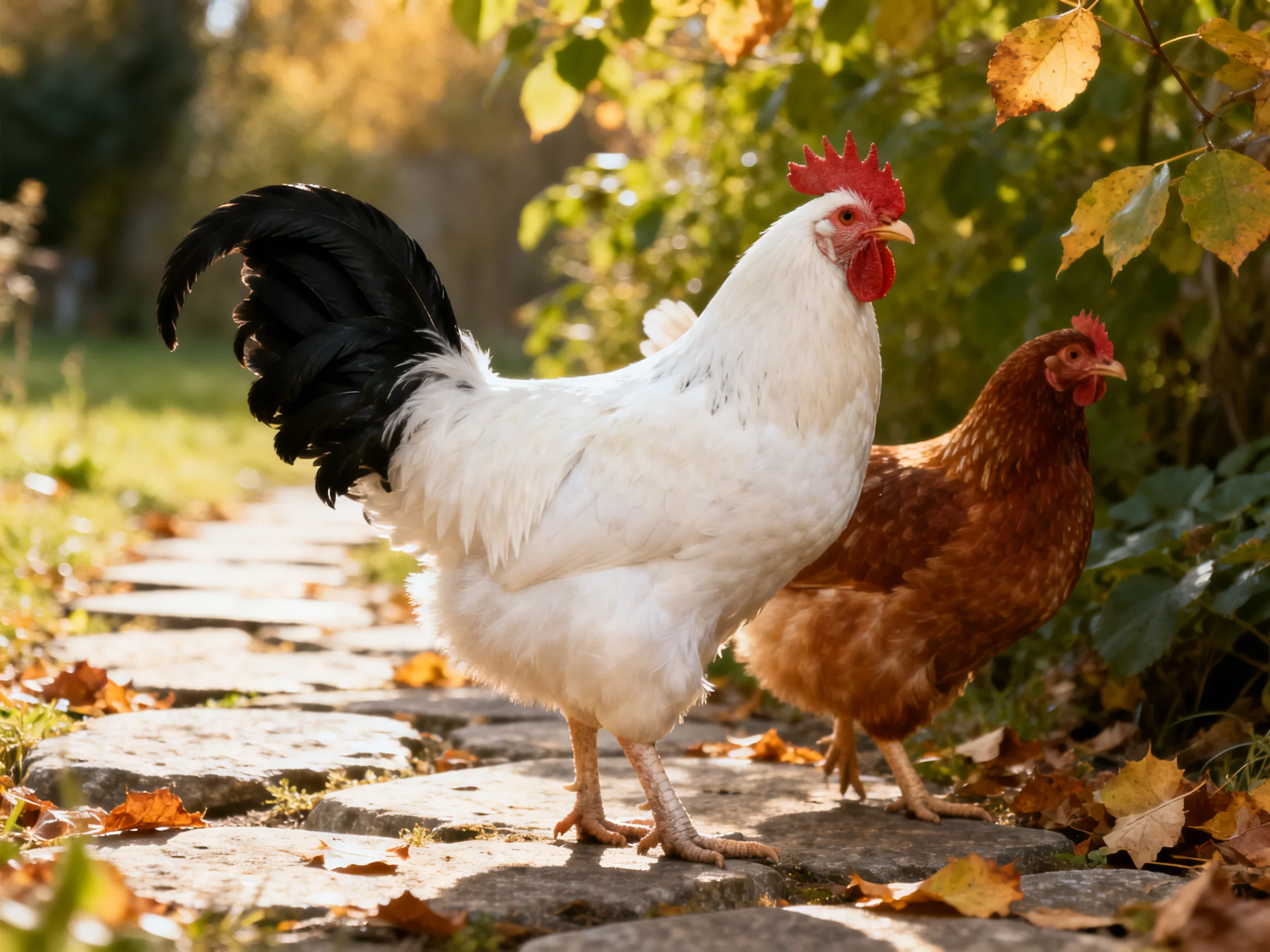 A white rooster with black tail feathers and a brown hen walk along a stone path