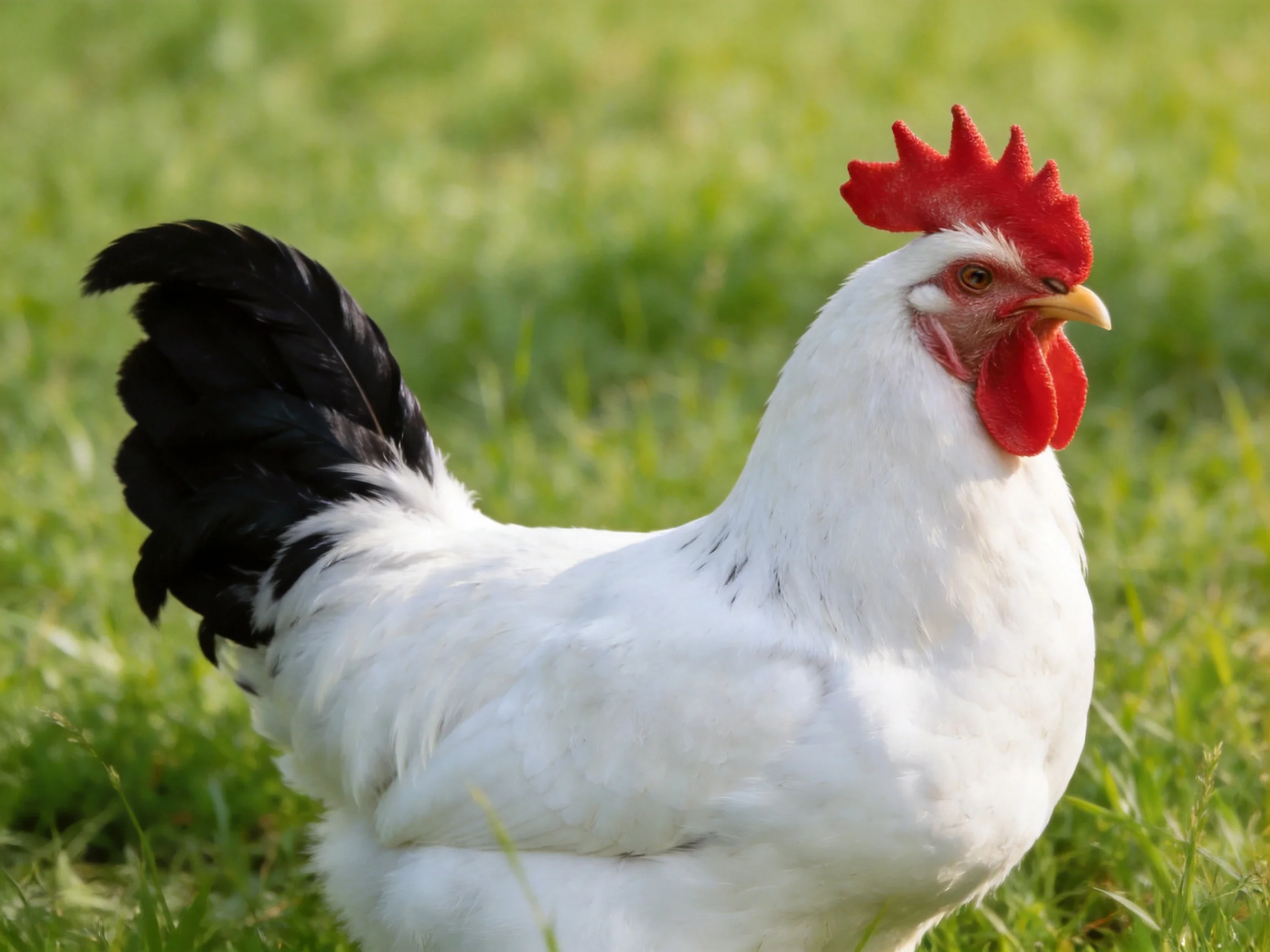 A white rooster with black tail feathers and bright red comb standing on green grass