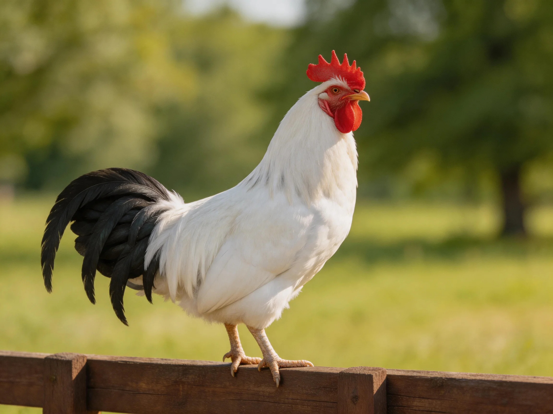 A white rooster with black tail feathers perched on a wooden fence