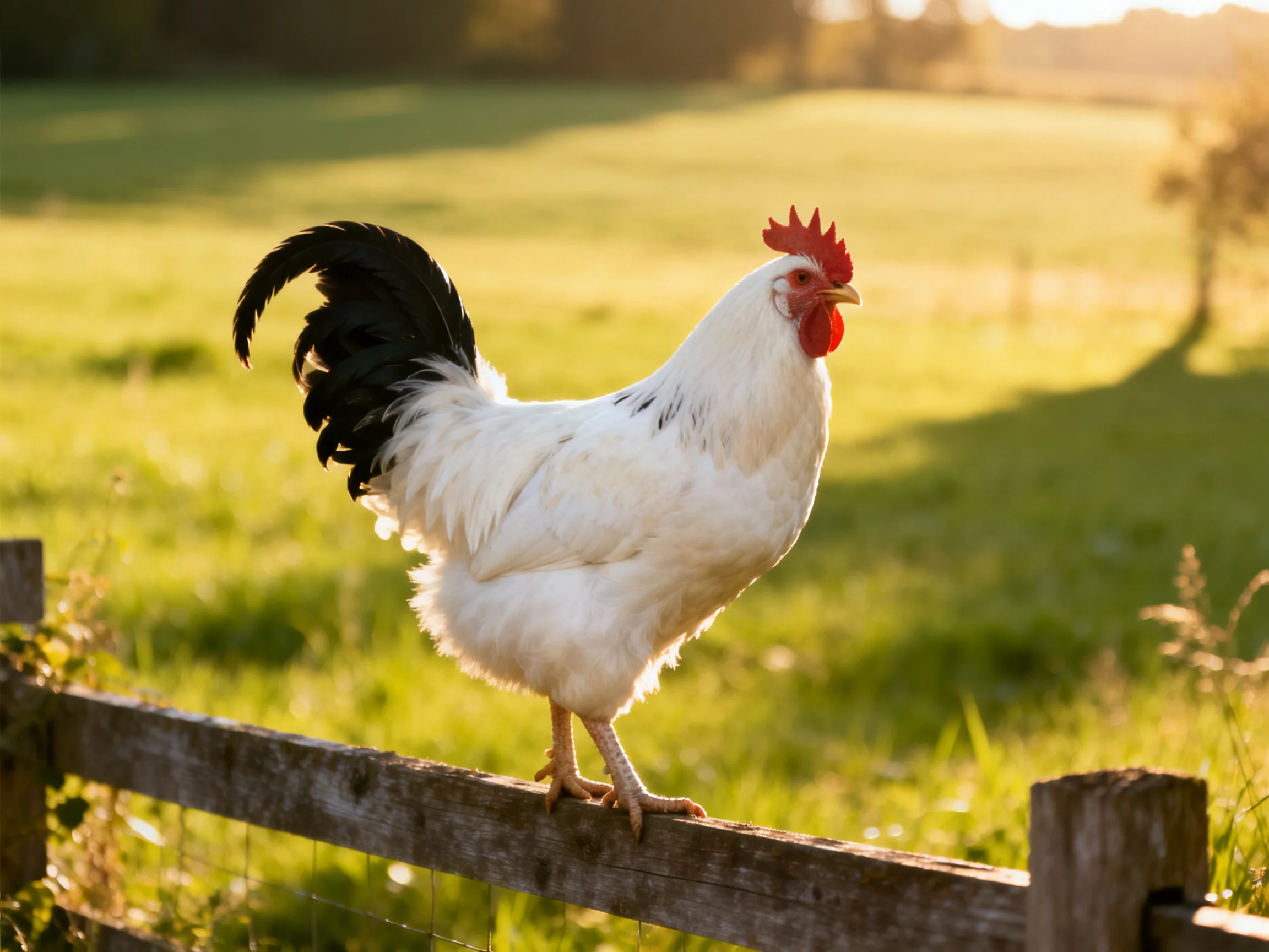 A white rooster with black tail feathers perches on a wooden fence